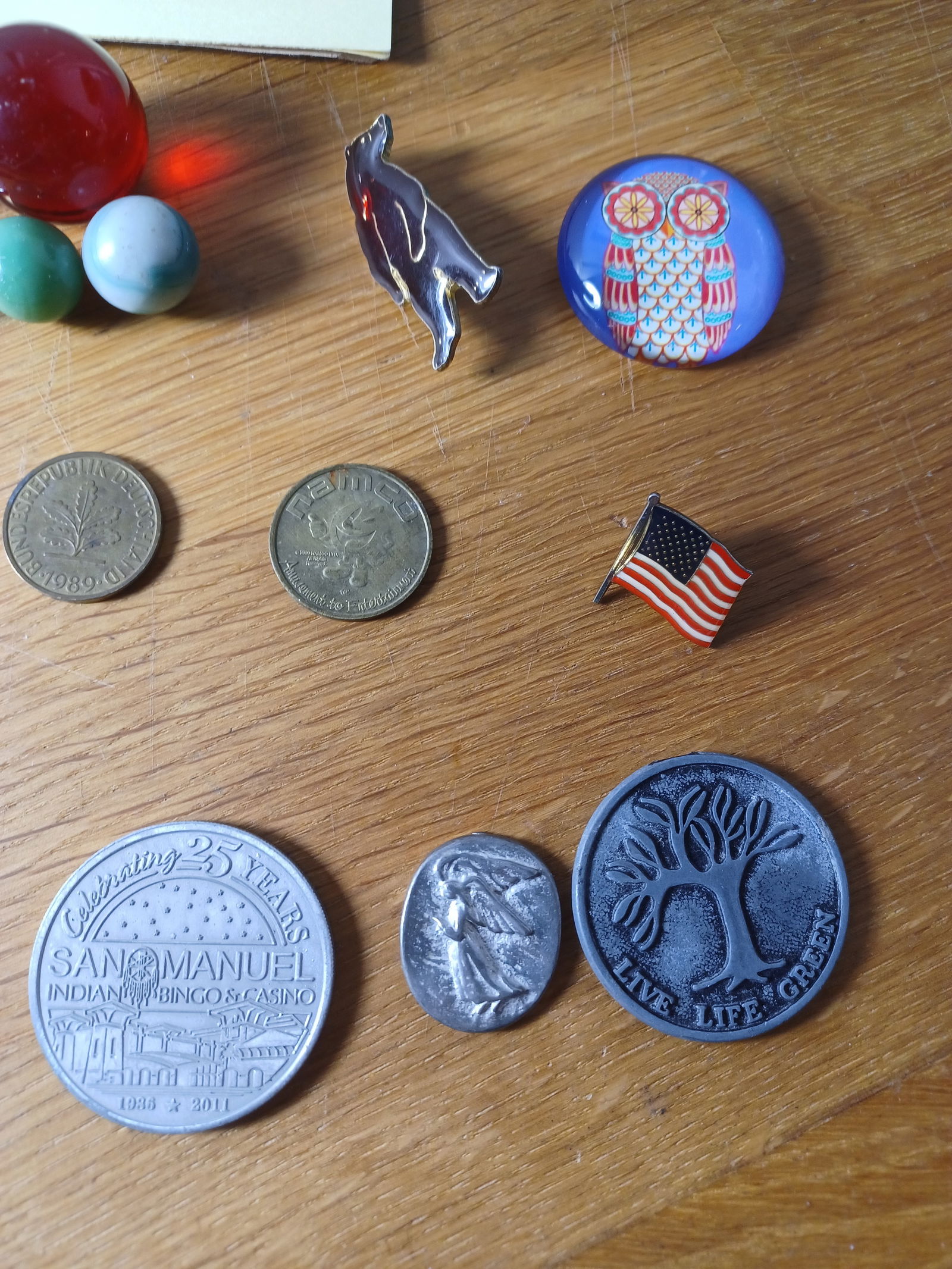 Large Mixed Lot Foreign Coins, Marbles, Pins, tokens etc - 7