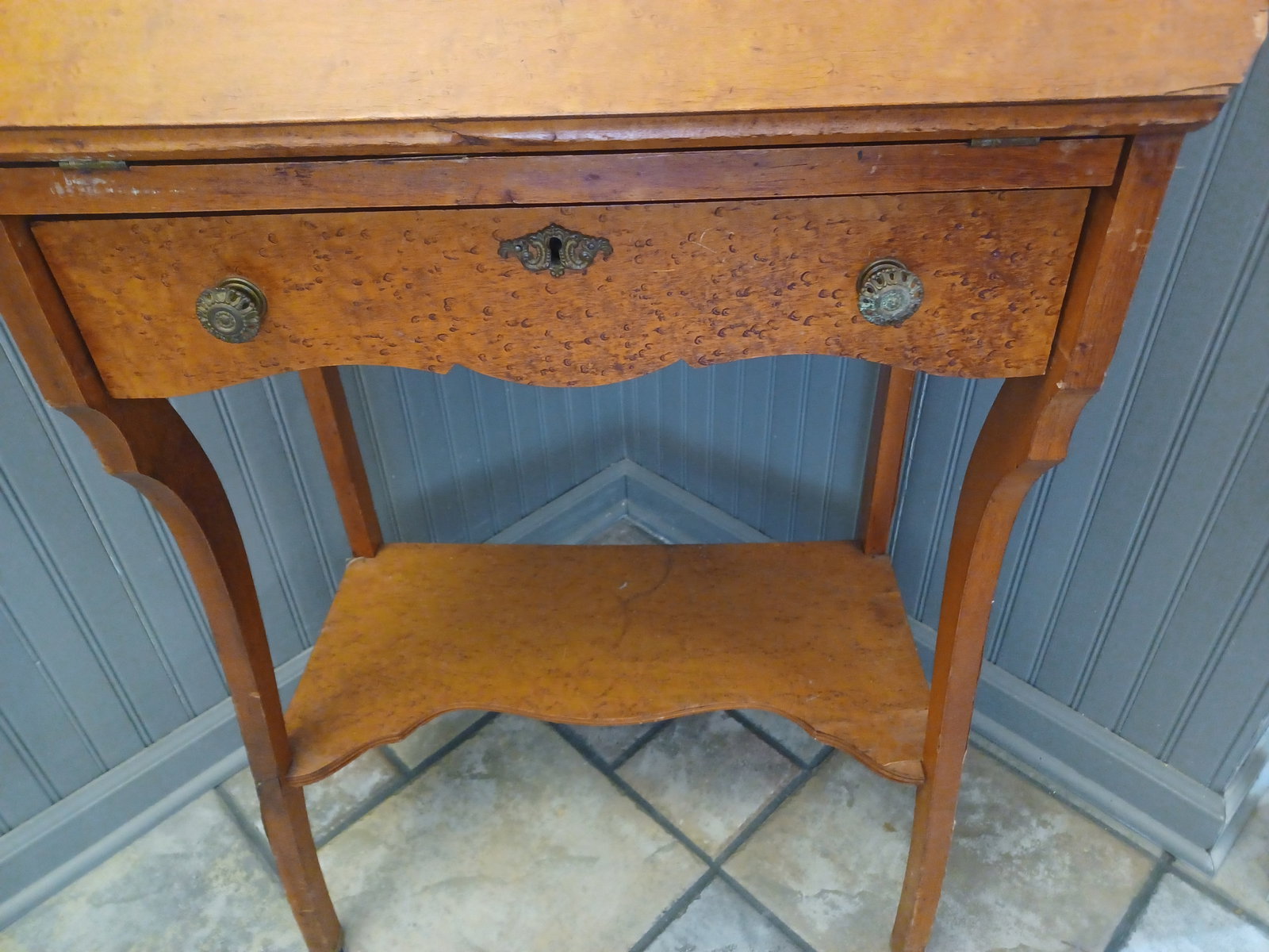 Vintage early 1900's Birds Eye Maple Drop Leaf Secretary & Wall Art / as seen - 6