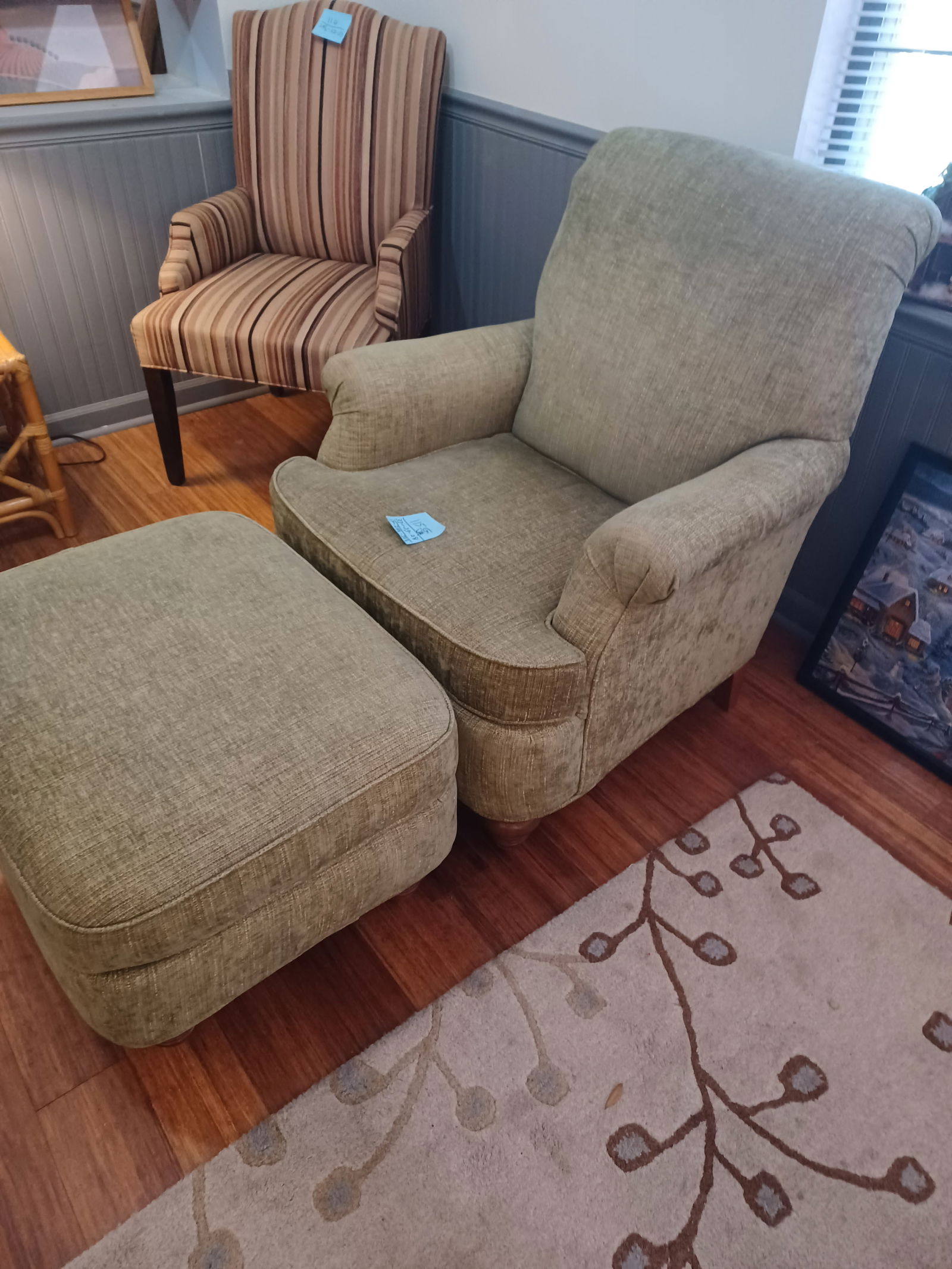 Contemporary Sage Colored Easy Chair with Matching Ottoman - 2