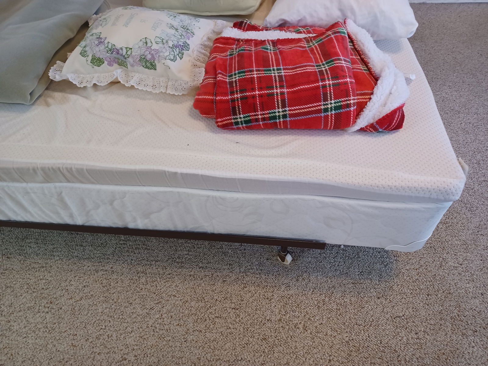 Contemporary Upholstered Headboard, frame, box springs, mattress topper and bedding / no mattress - 4