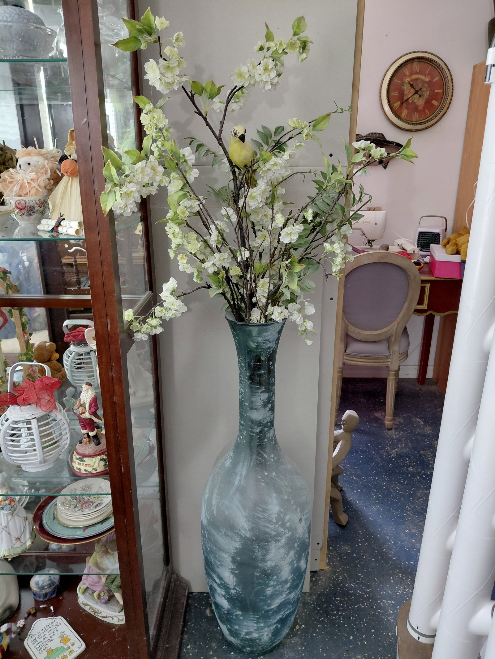 Large Glass Floor Vase with Flowers and Bird (1 of 6)