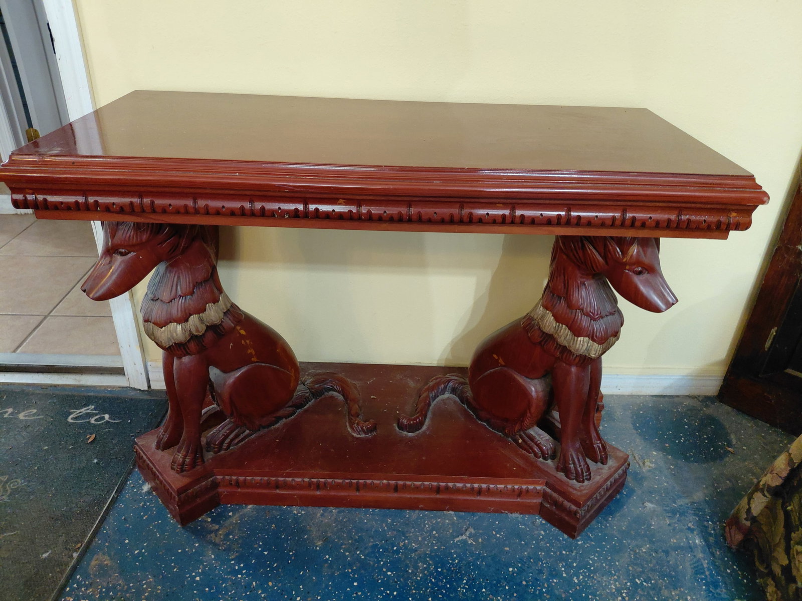Contemporary Ornate Mahogany Entry Table / one of tails is loose as seen: Contemporary Ornate Mahogany Entry Table / one of tails is loose as seen