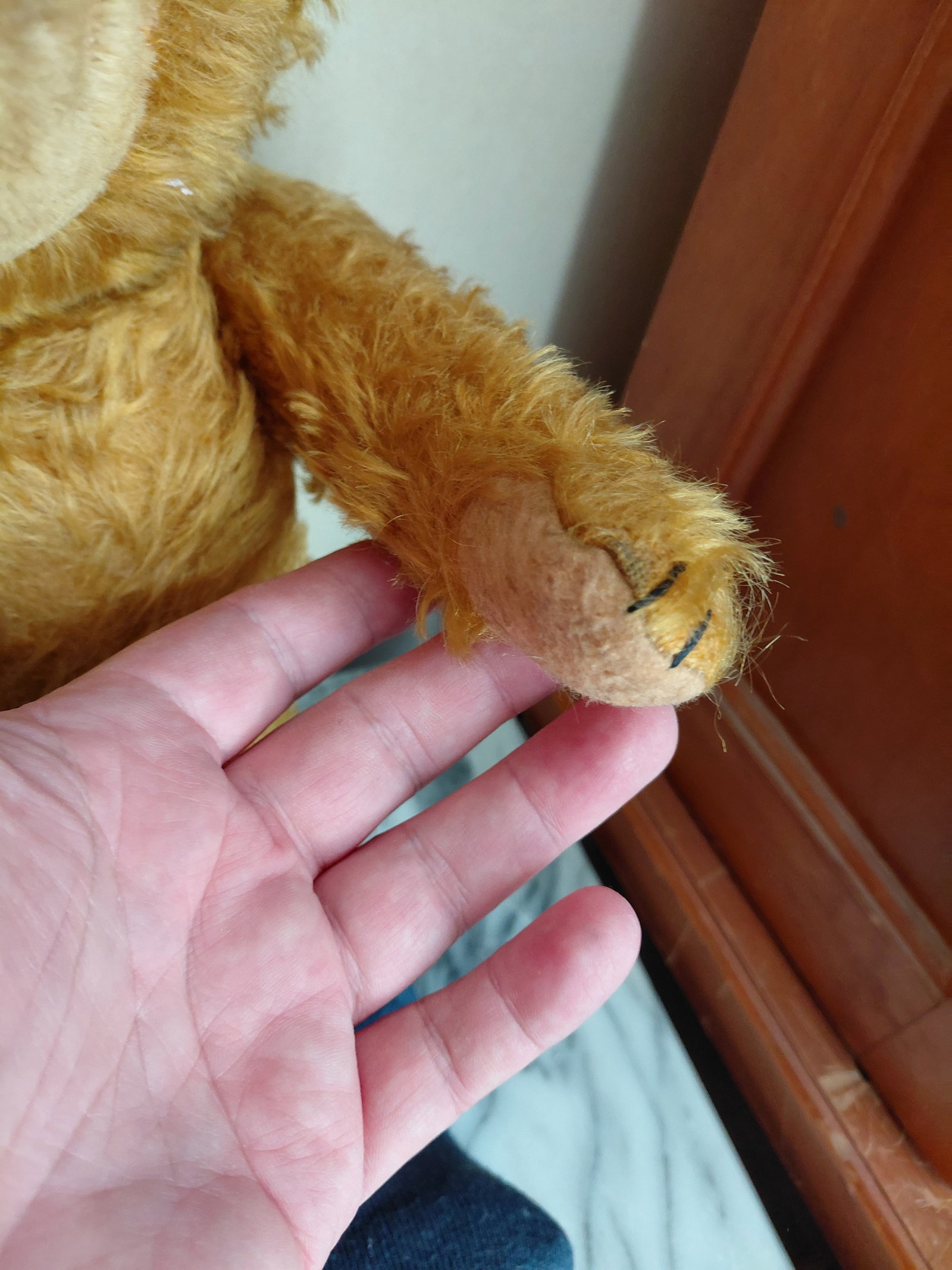 Vintage Mohair Jointed Teddy Bear / straw stuffed / condition issue with one foot as seen taped over - 5