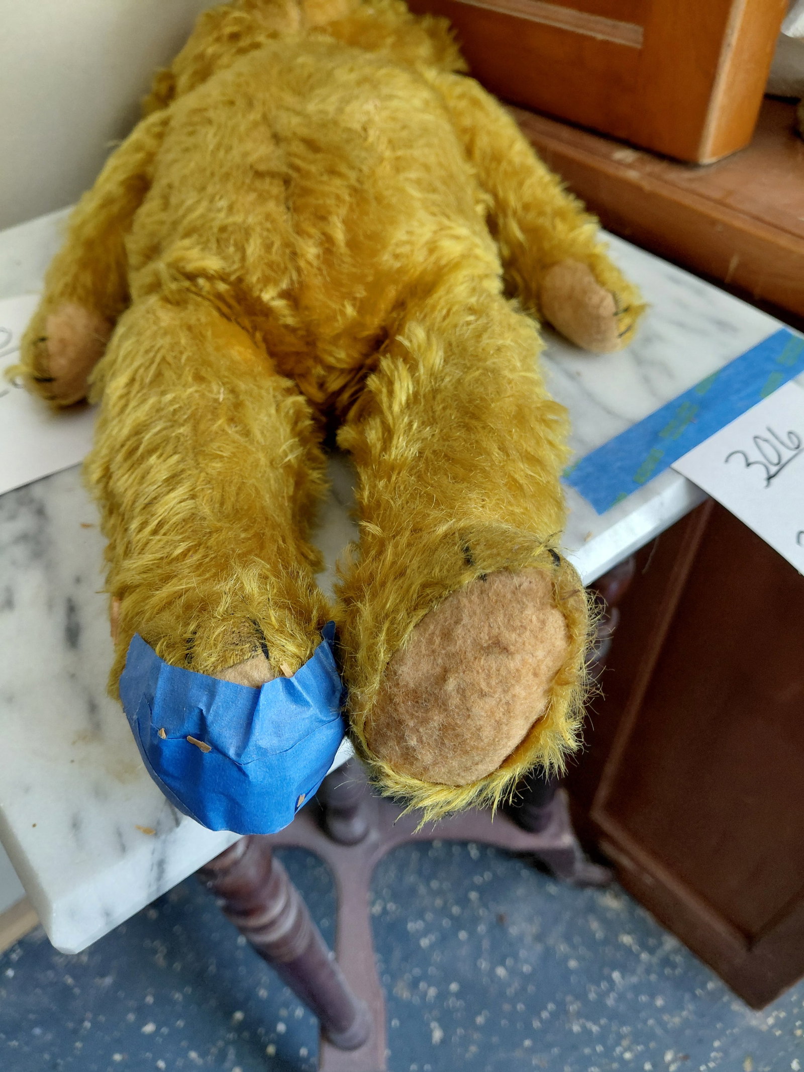 Vintage Mohair Jointed Teddy Bear / straw stuffed / condition issue with one foot as seen taped over - 8