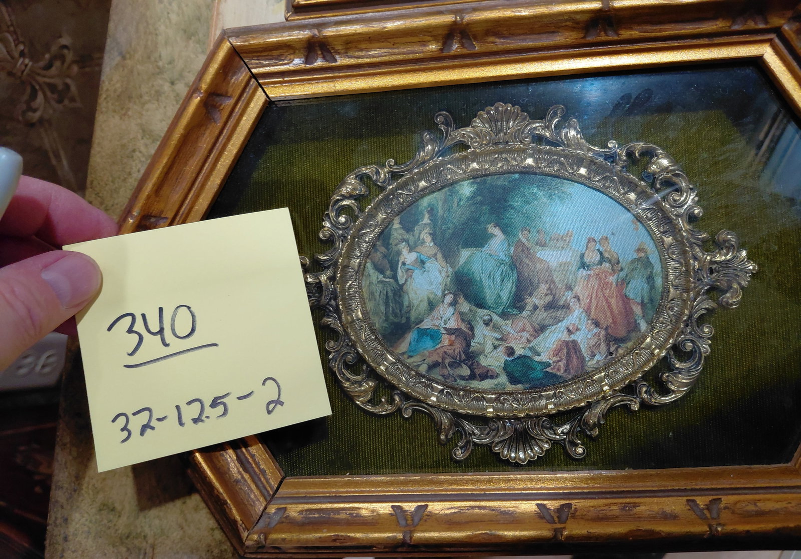 Vintage Mid Century French Style Painted Porcelain and Fabric Pieces Framed in Case - 2