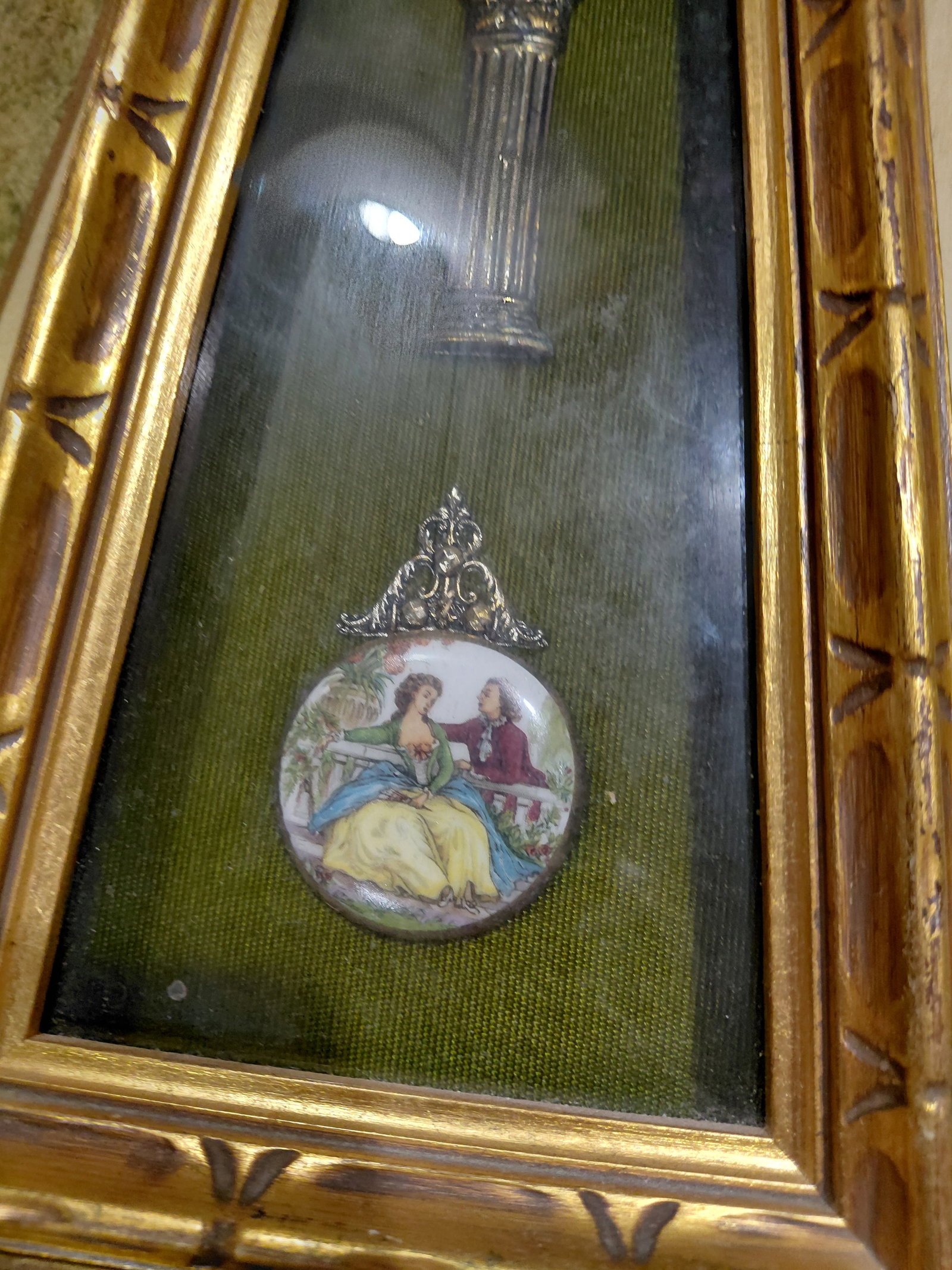 Vintage Mid Century French Style Painted Porcelain and Fabric Pieces Framed in Case - 3