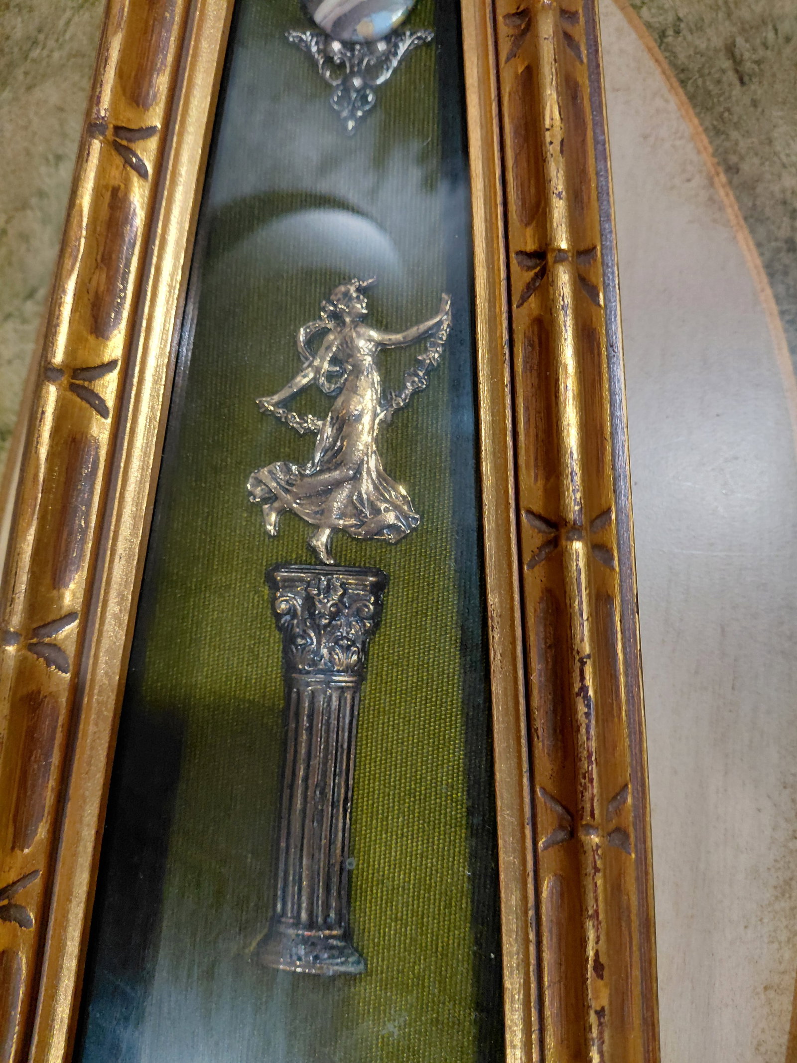 Vintage Mid Century French Style Painted Porcelain and Fabric Pieces Framed in Case - 4