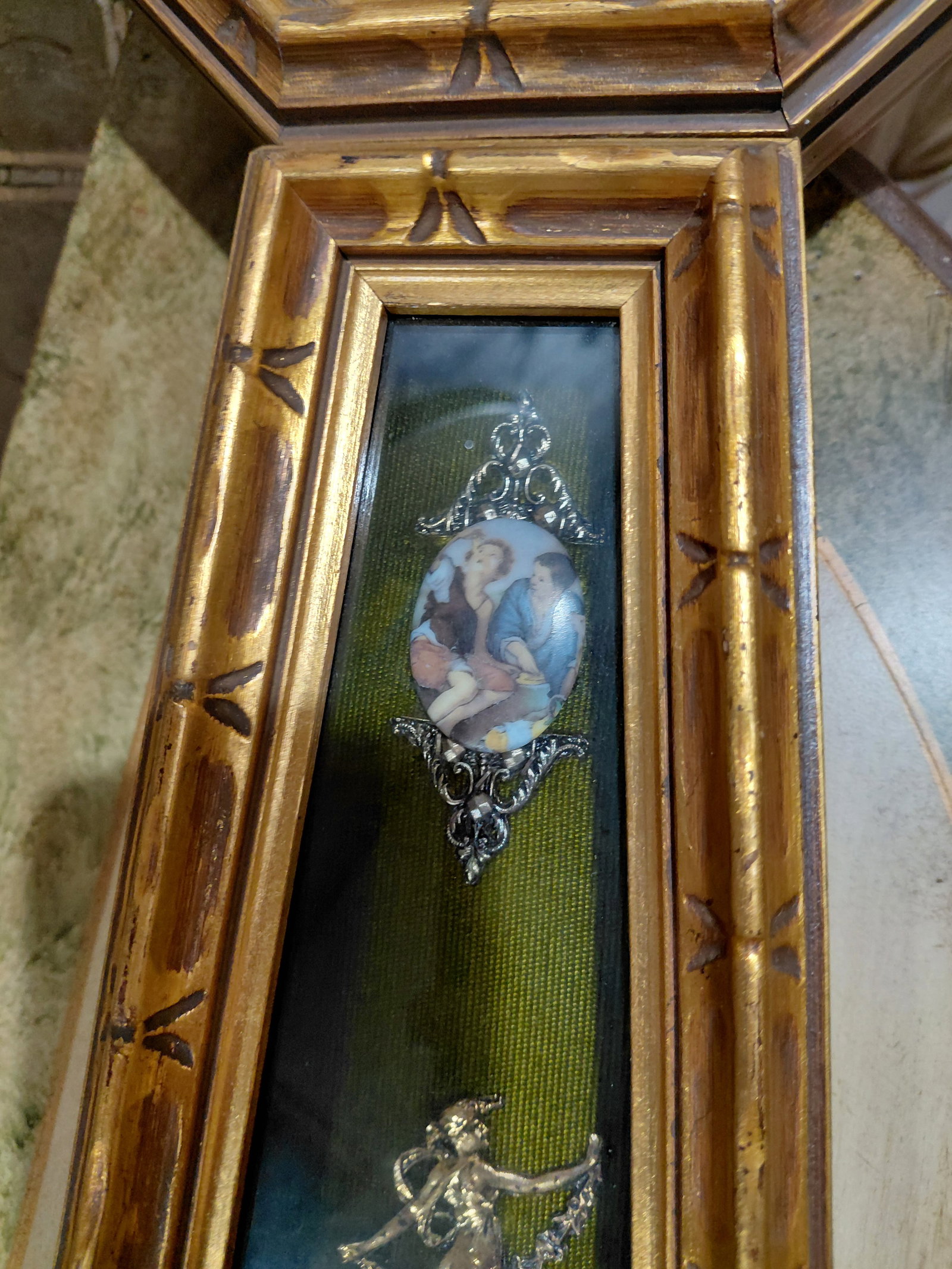 Vintage Mid Century French Style Painted Porcelain and Fabric Pieces Framed in Case - 5