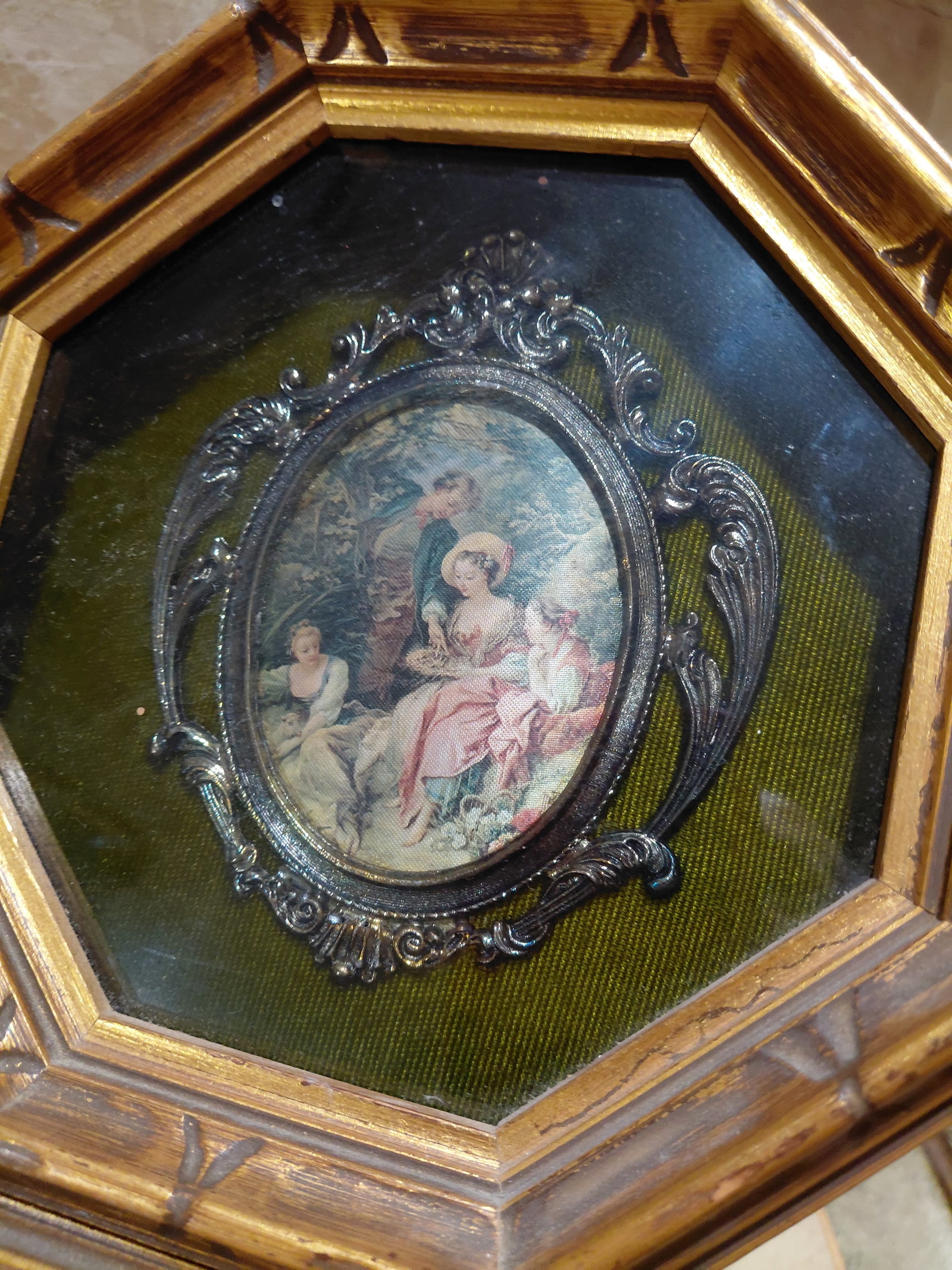 Vintage Mid Century French Style Painted Porcelain and Fabric Pieces Framed in Case - 6