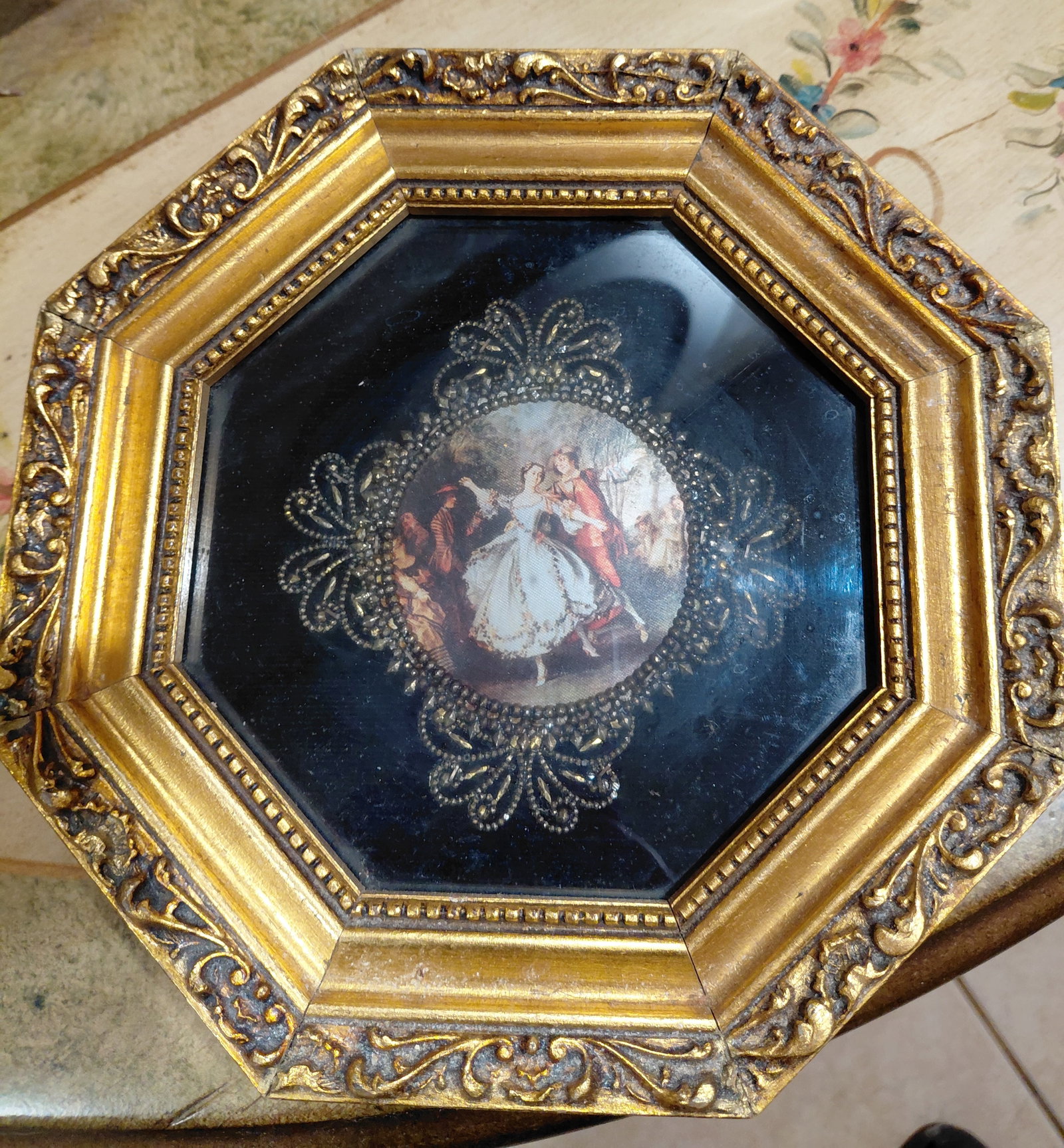 Vintage Mid Century French Style Painted Fabric Piece Framed in Case - 2