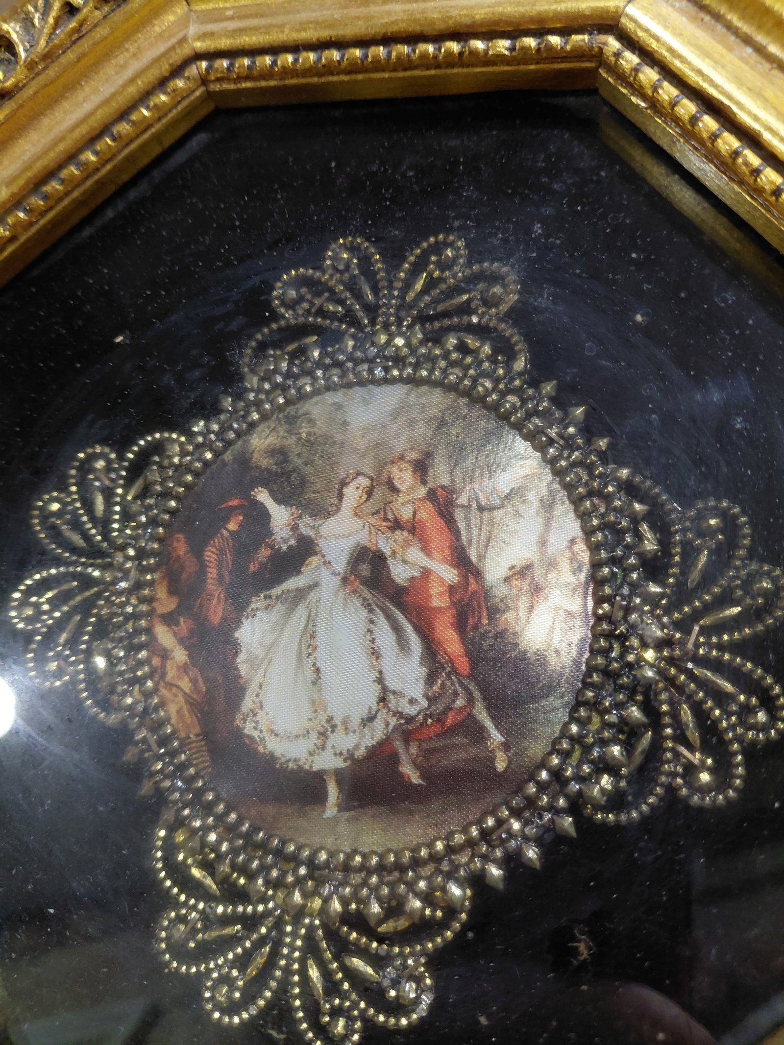 Vintage Mid Century French Style Painted Fabric Piece Framed in Case - 4