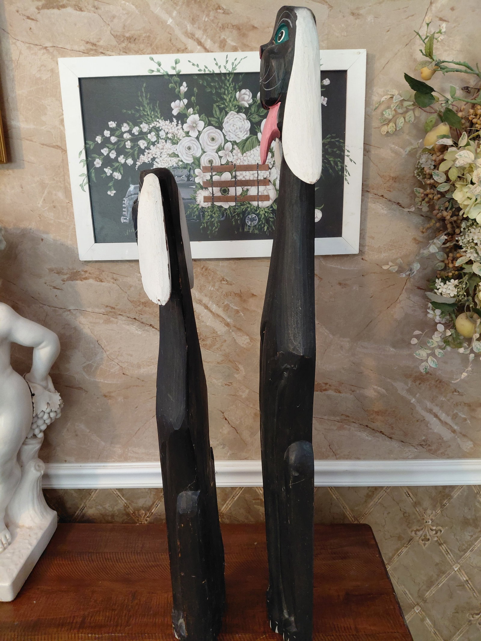 Pair of Large Carved Wood Dog Statues - 5