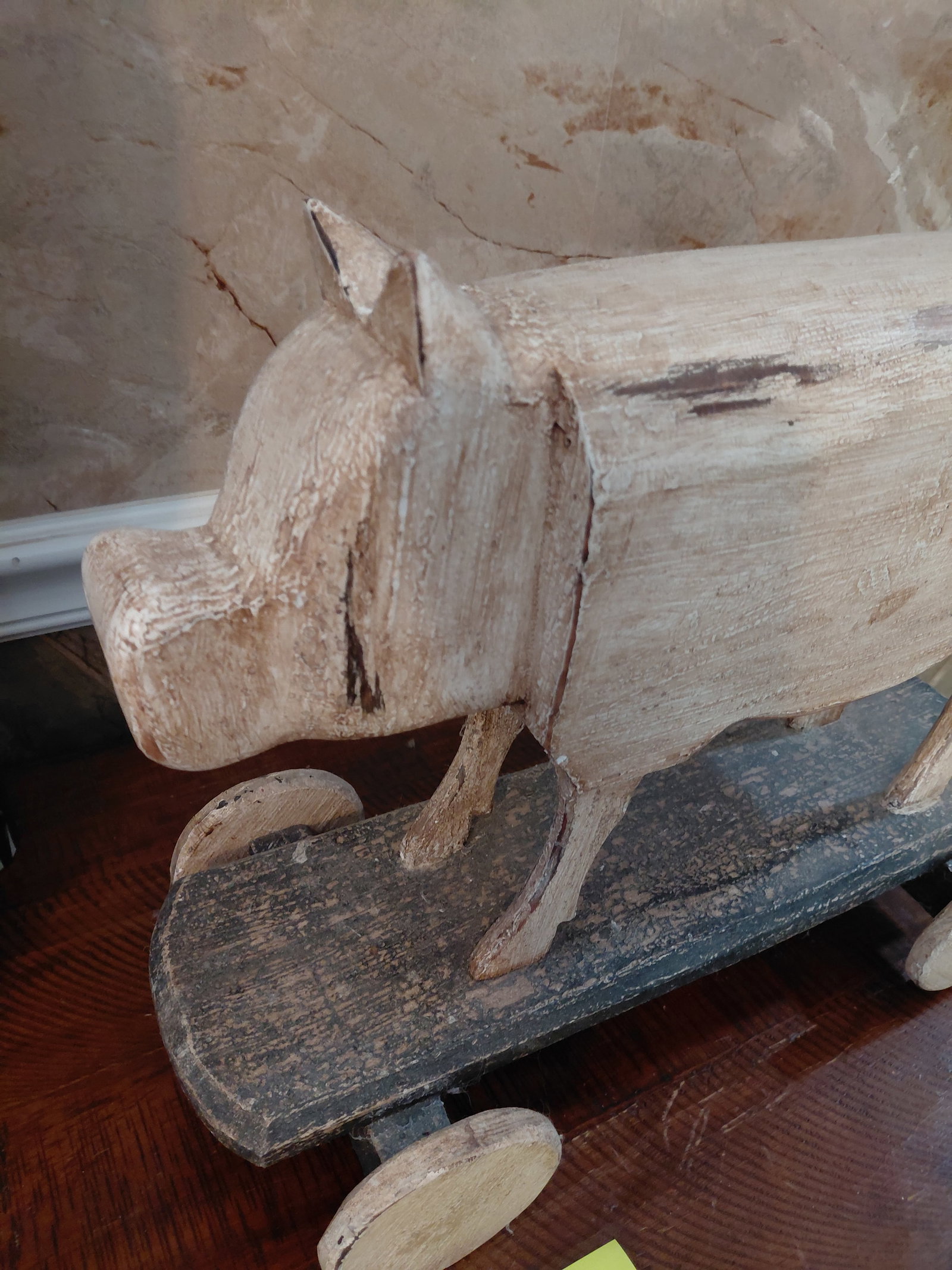 Rustic Wood Pig Statue on Wheels - 3