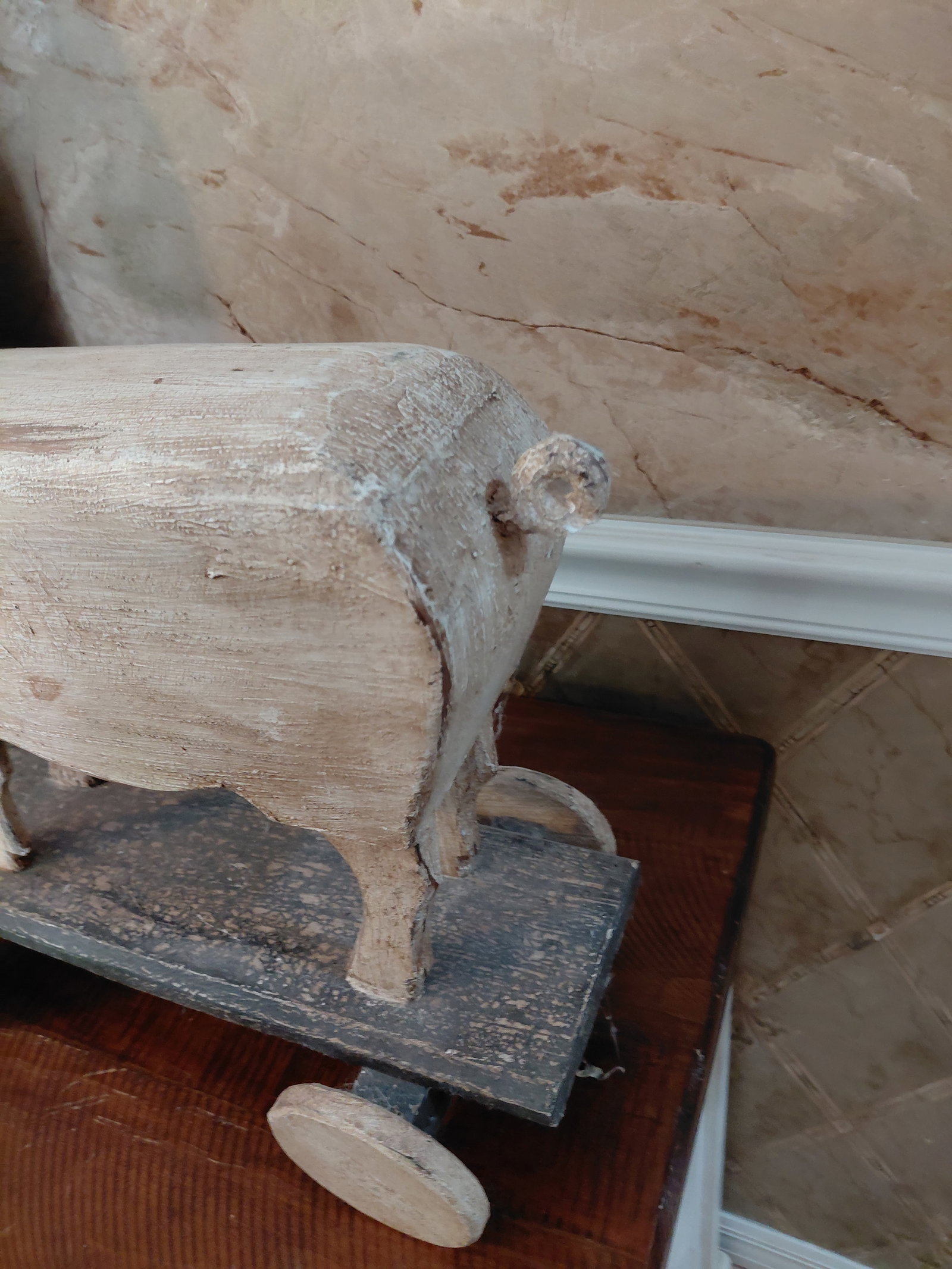 Rustic Wood Pig Statue on Wheels - 4