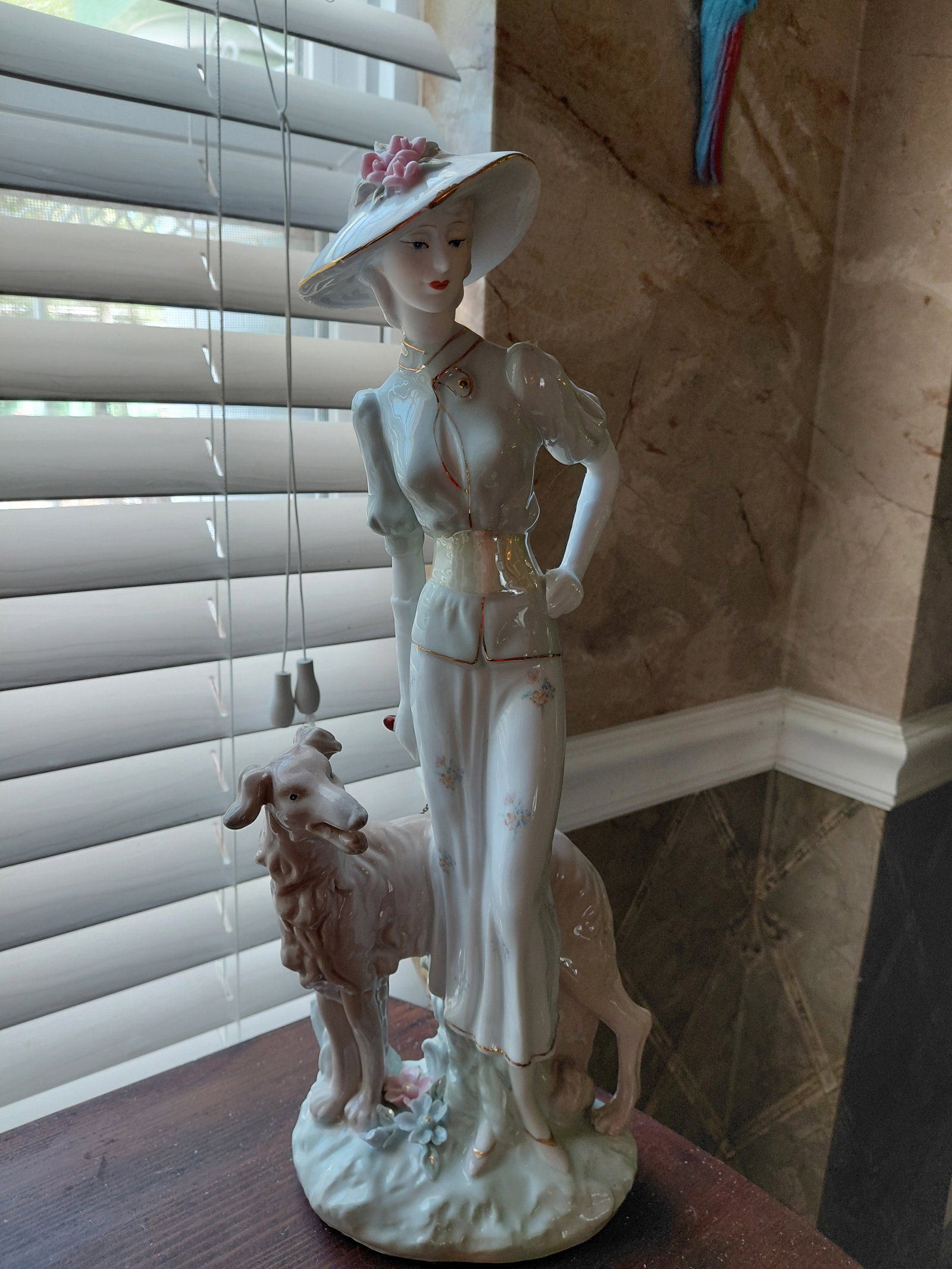 Large Porcelain Statue Woman walking Dog - 2