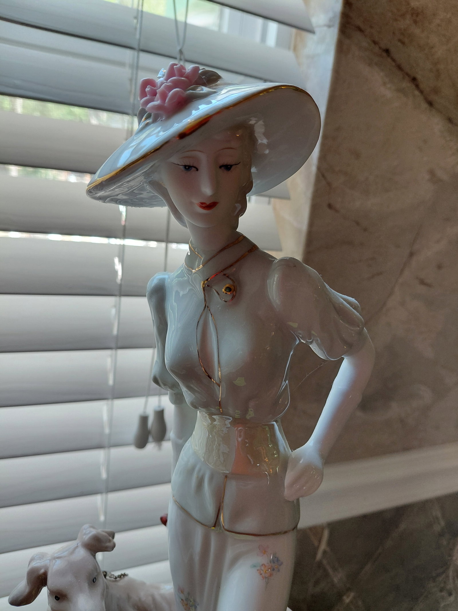 Large Porcelain Statue Woman walking Dog - 4