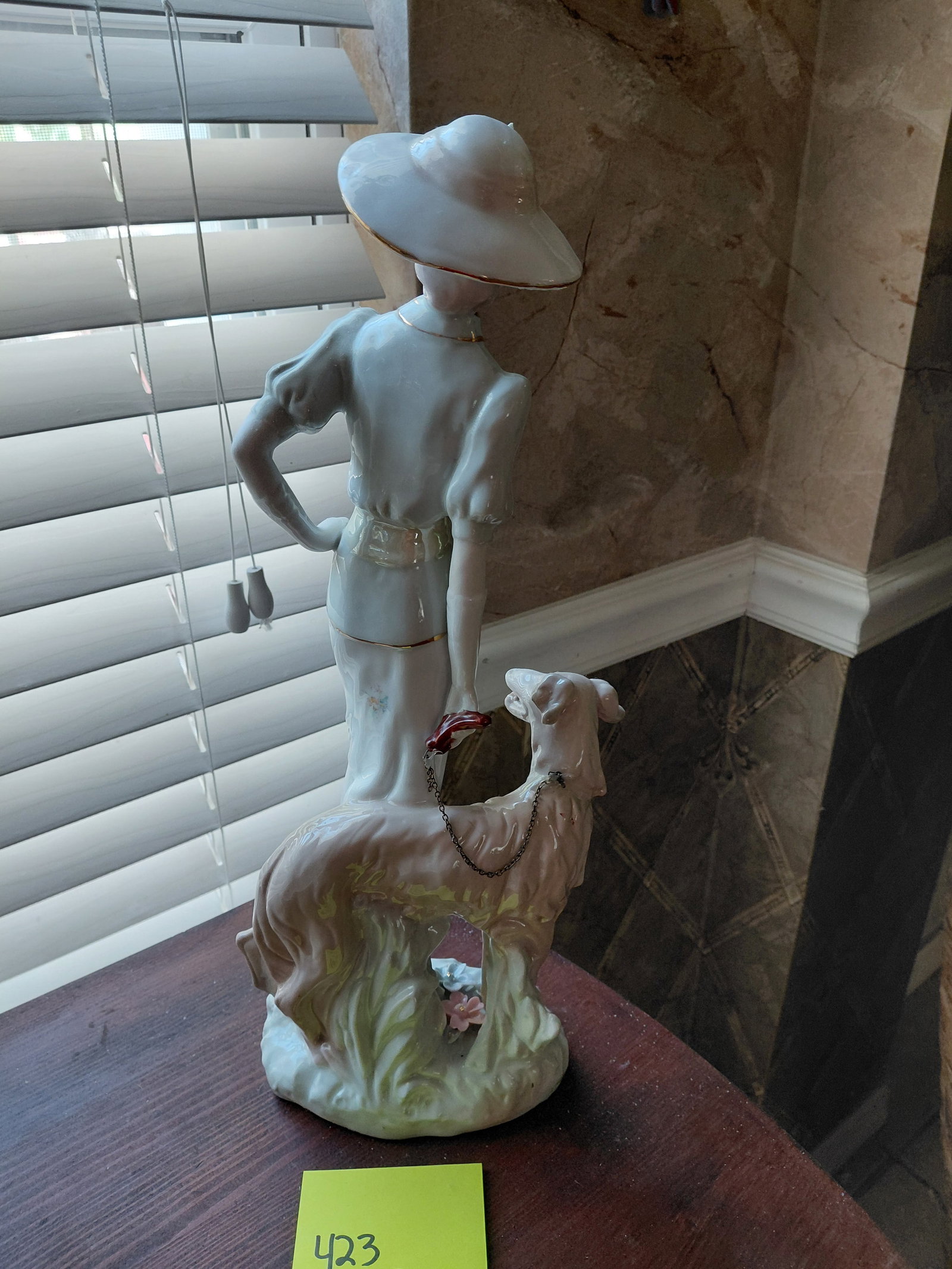 Large Porcelain Statue Woman walking Dog - 6