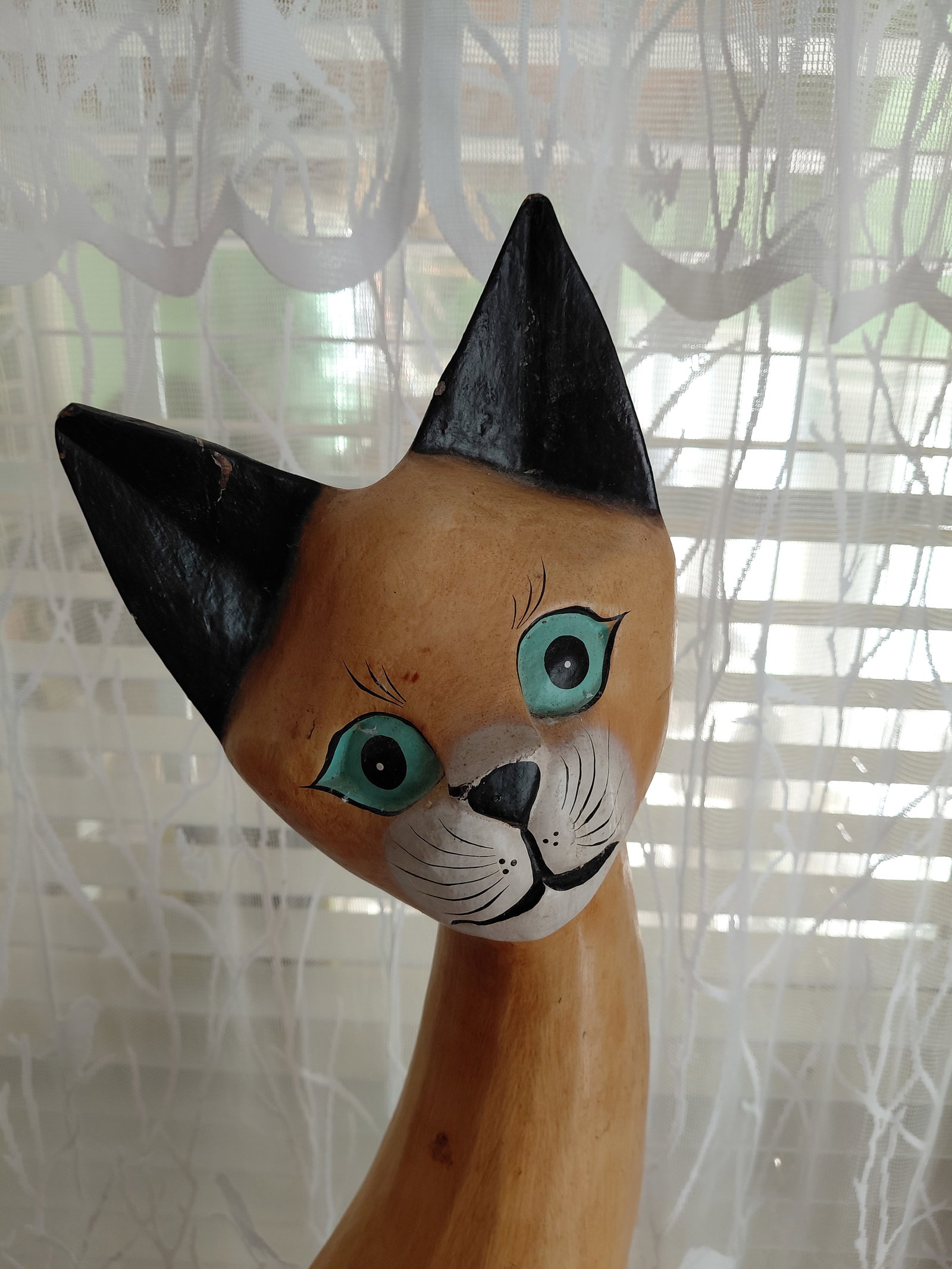 Large Painted Carved Wood Cat Statue - 3