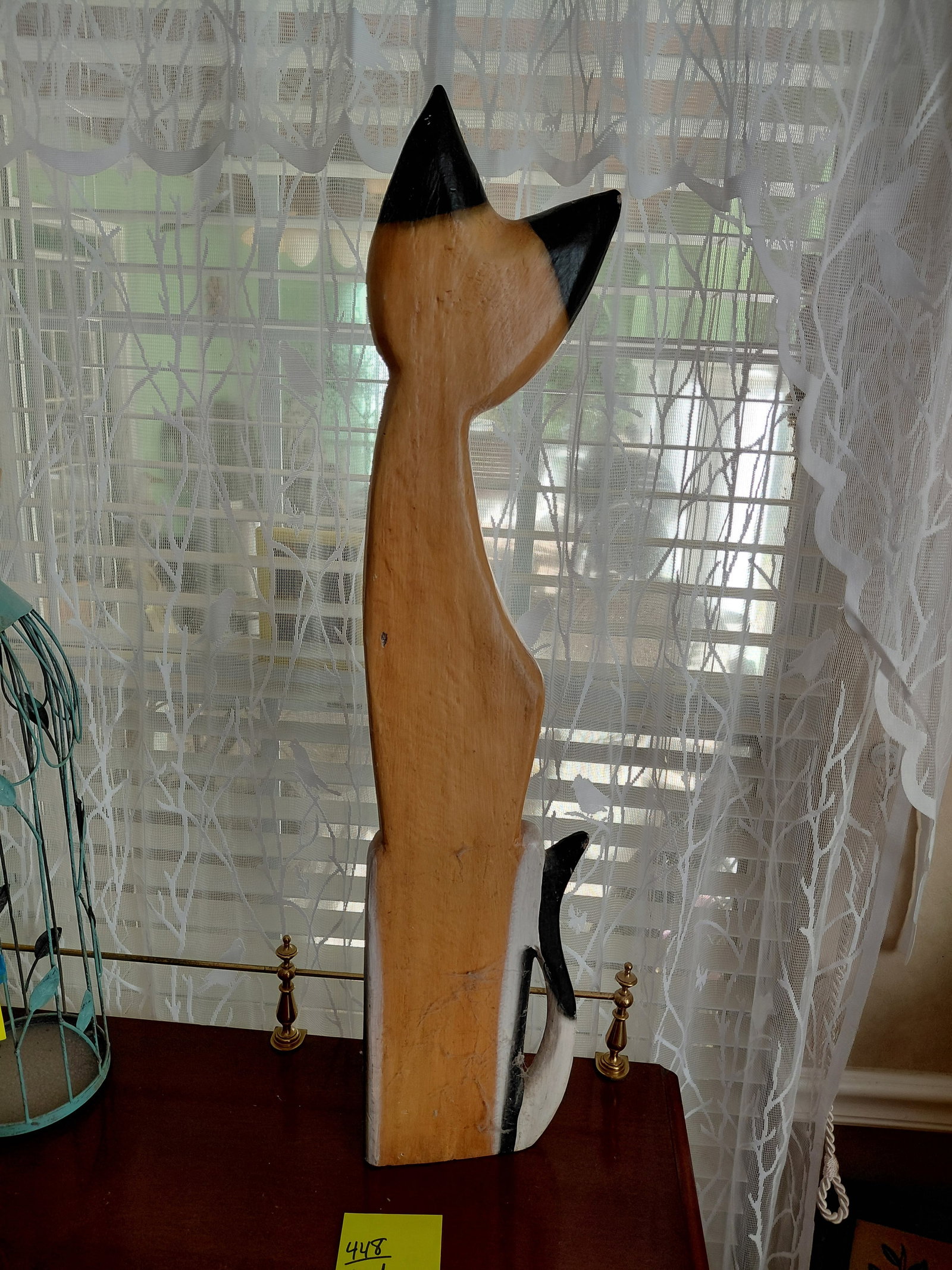 Large Painted Carved Wood Cat Statue - 5