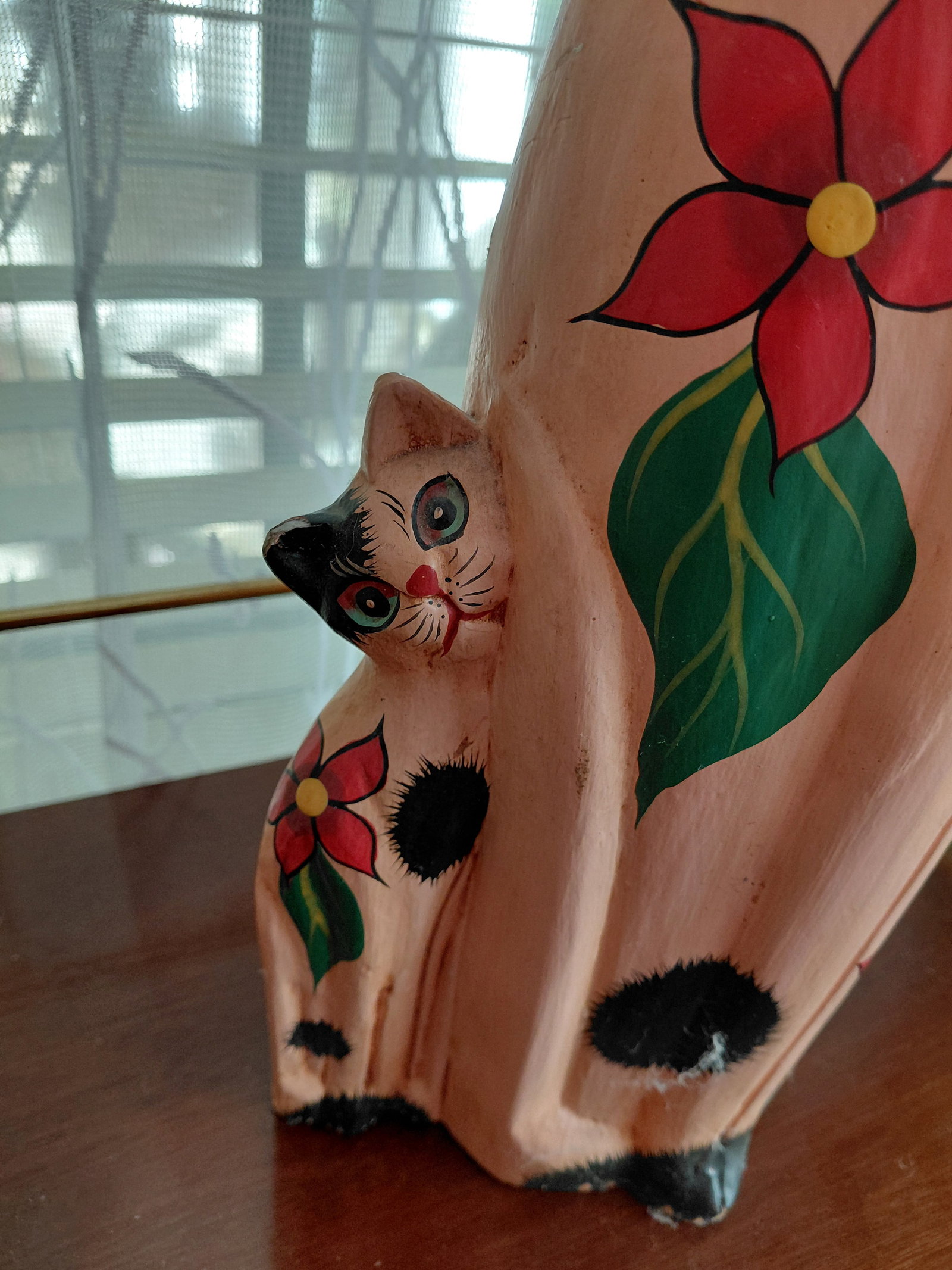 Large Painted Carved Wood Cat Statue - 3