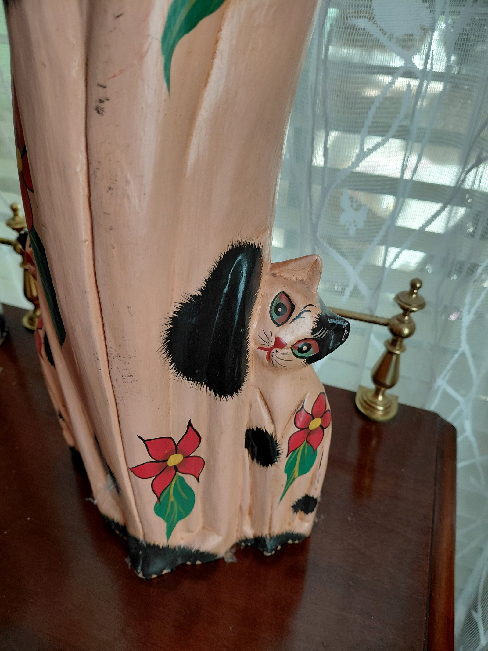 Large Painted Carved Wood Cat Statue - 4
