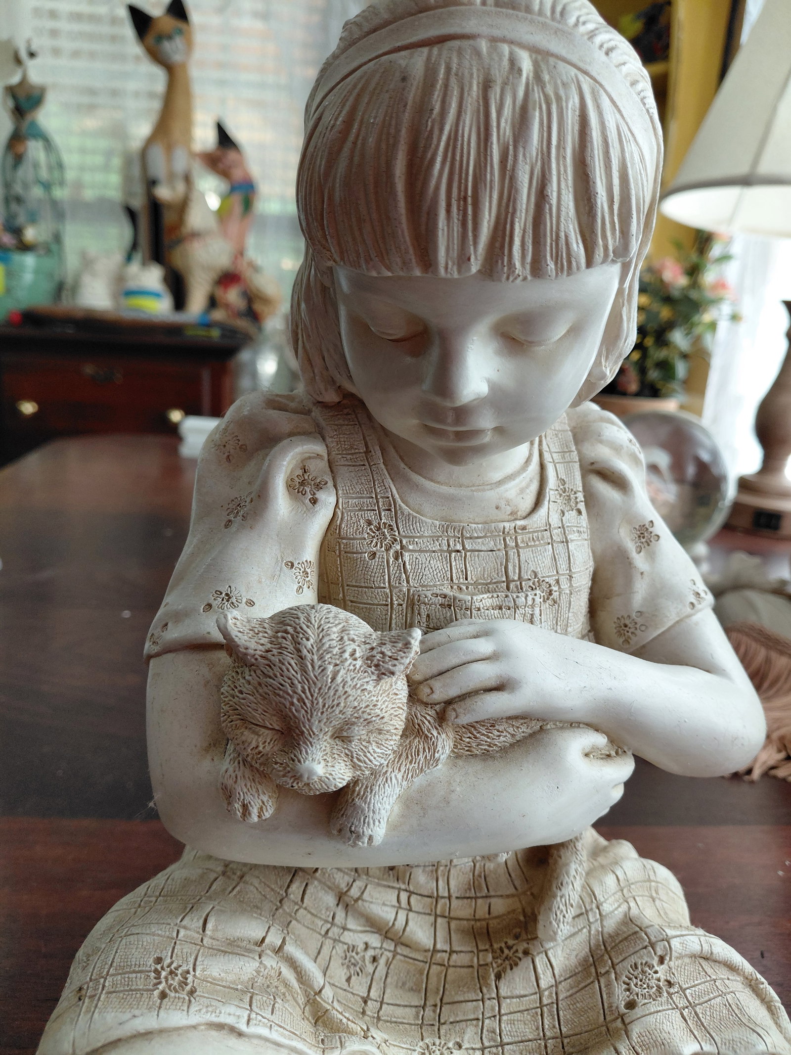 Large Resin Statue Girl with Kitten - 3