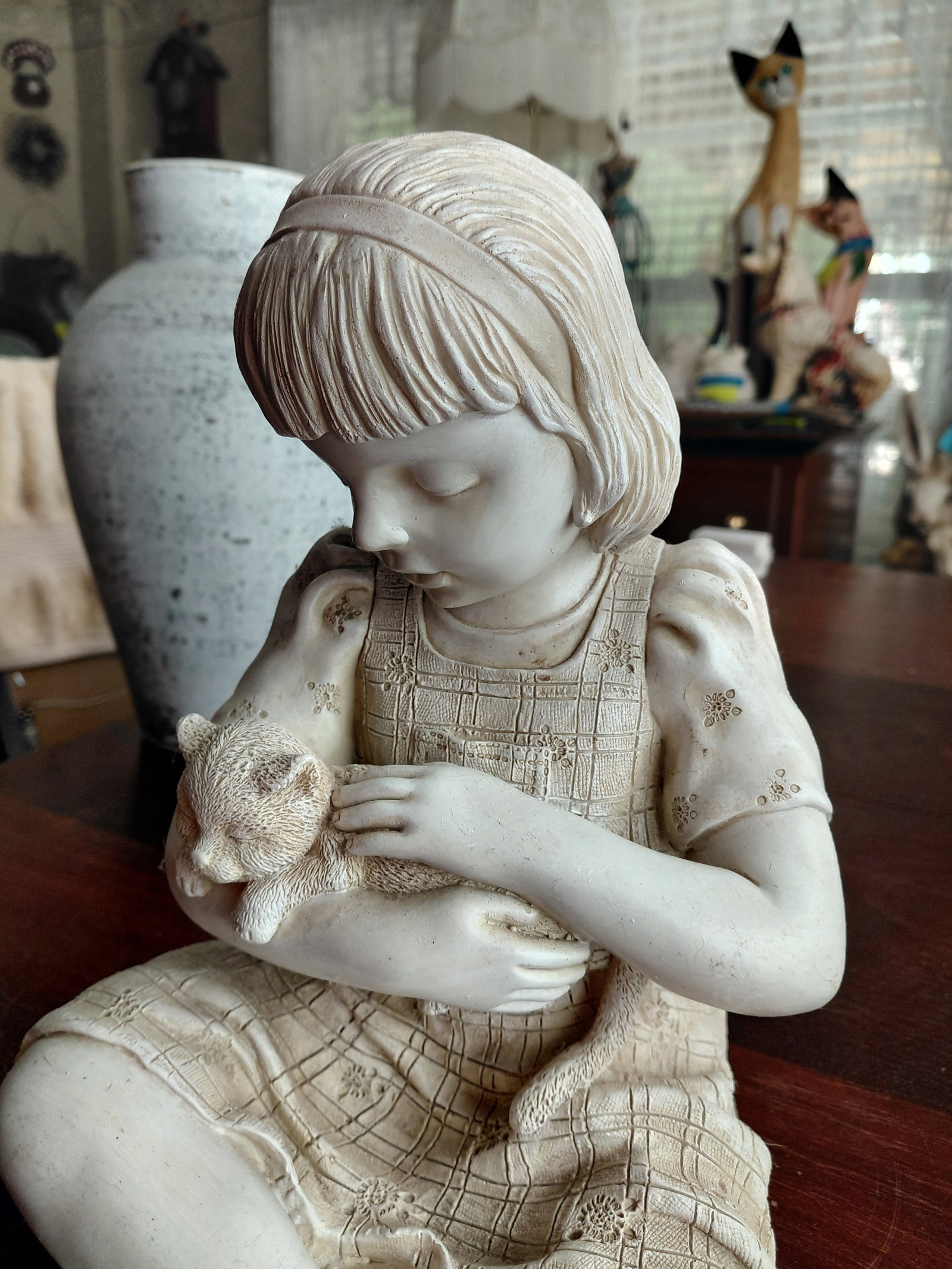 Large Resin Statue Girl with Kitten - 4