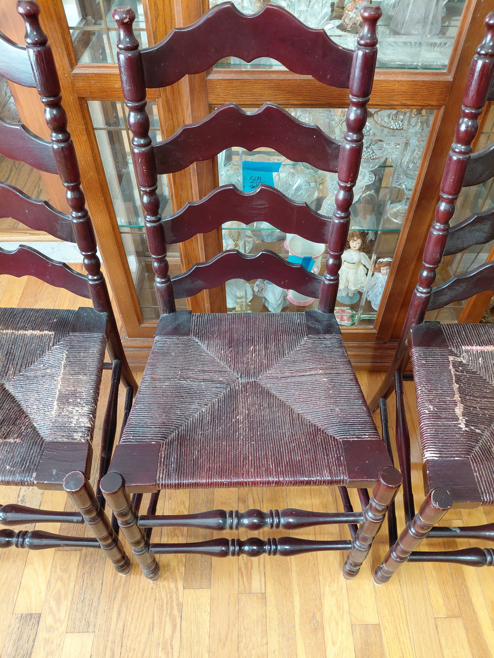 Set of 4 Vintage Ladder Back Chairs with Woven Seats / condition issues as seen - 3