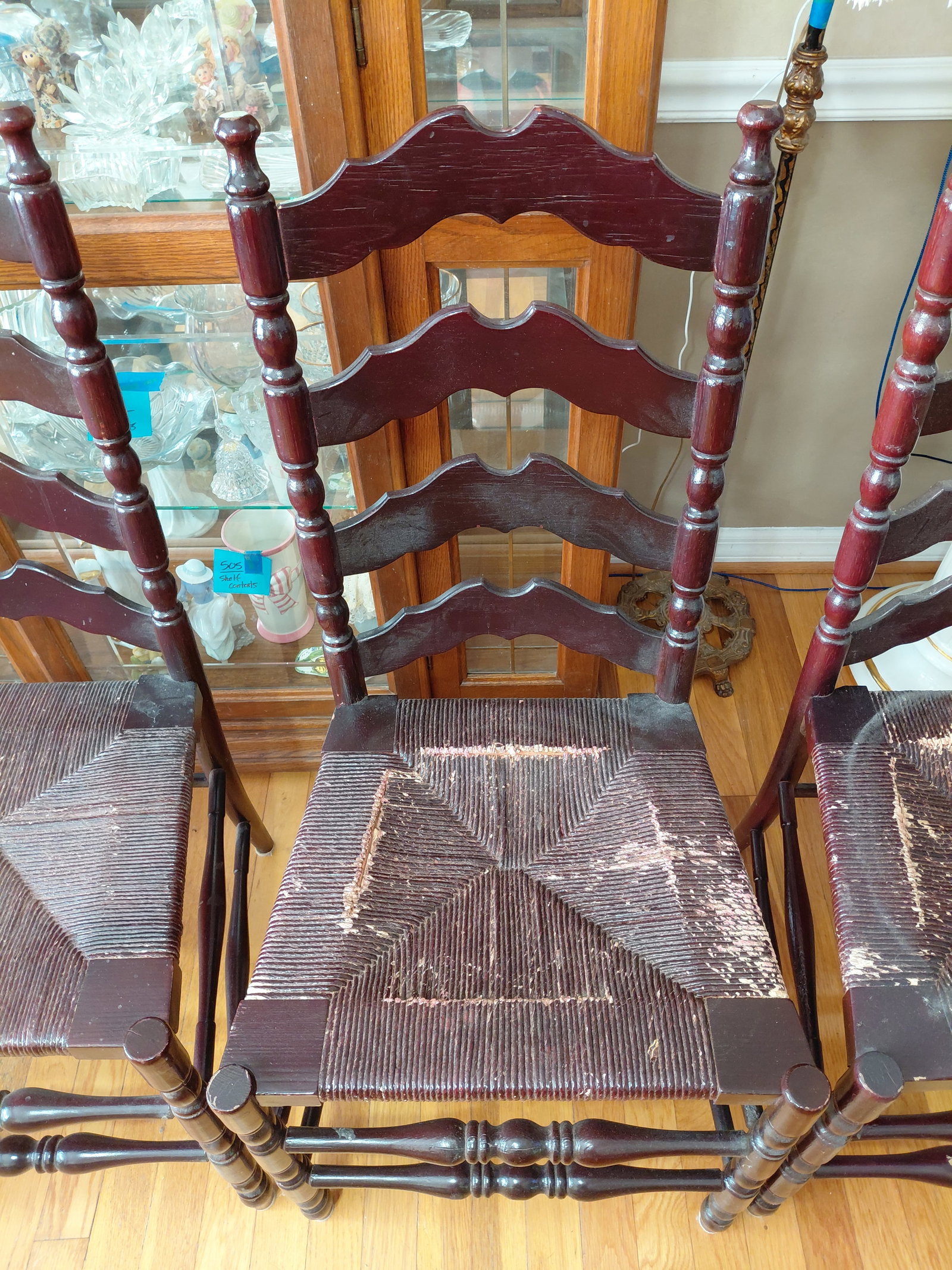 Set of 4 Vintage Ladder Back Chairs with Woven Seats / condition issues as seen - 5