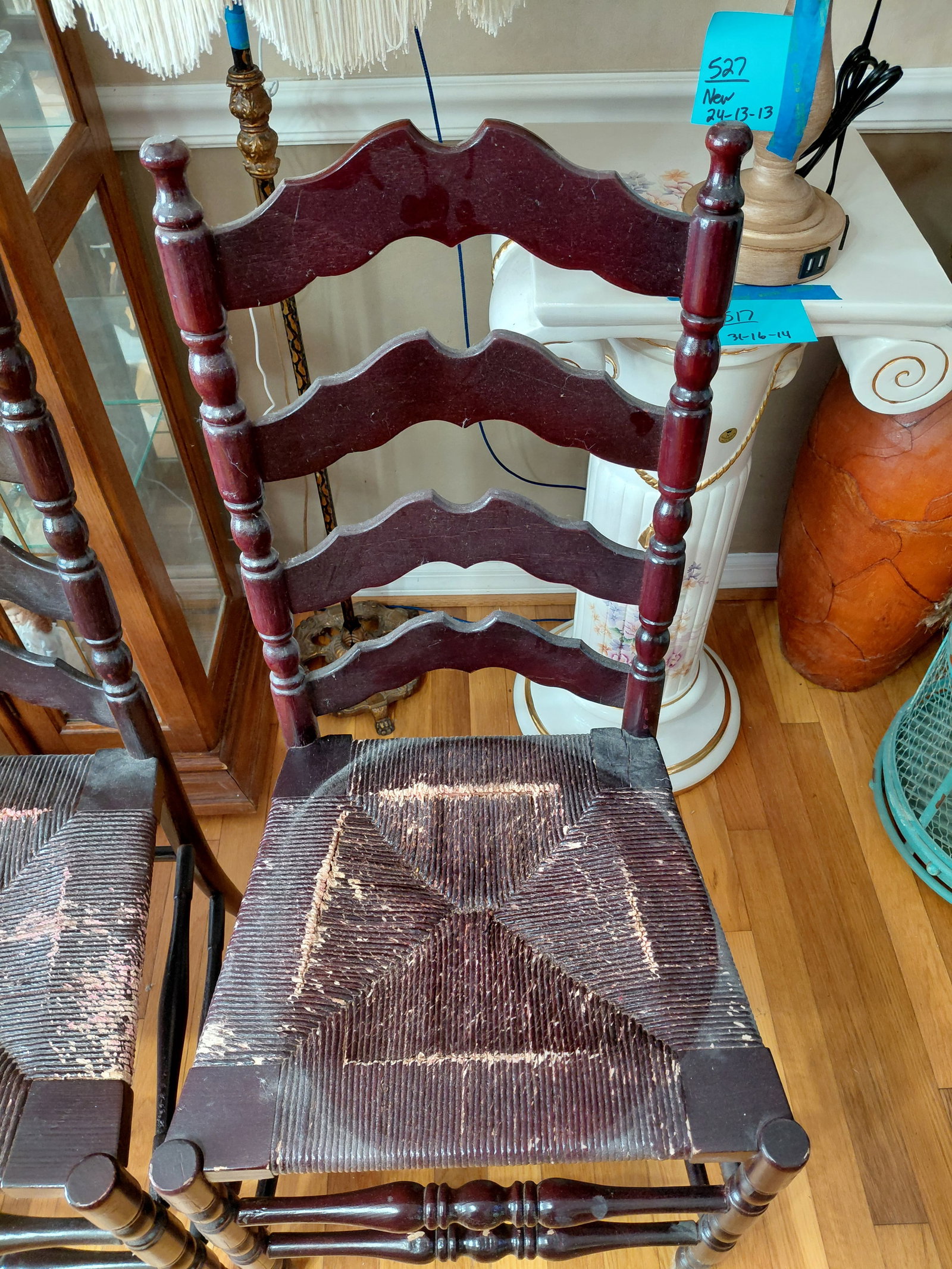 Set of 4 Vintage Ladder Back Chairs with Woven Seats / condition issues as seen - 6