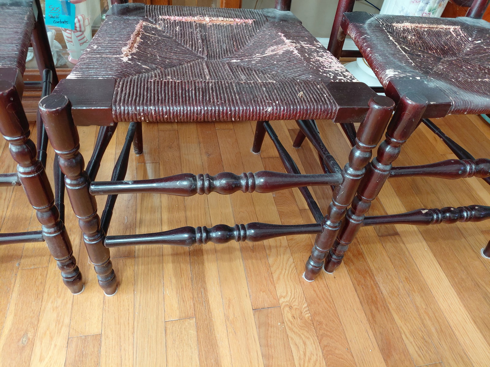 Set of 4 Vintage Ladder Back Chairs with Woven Seats / condition issues as seen - 7
