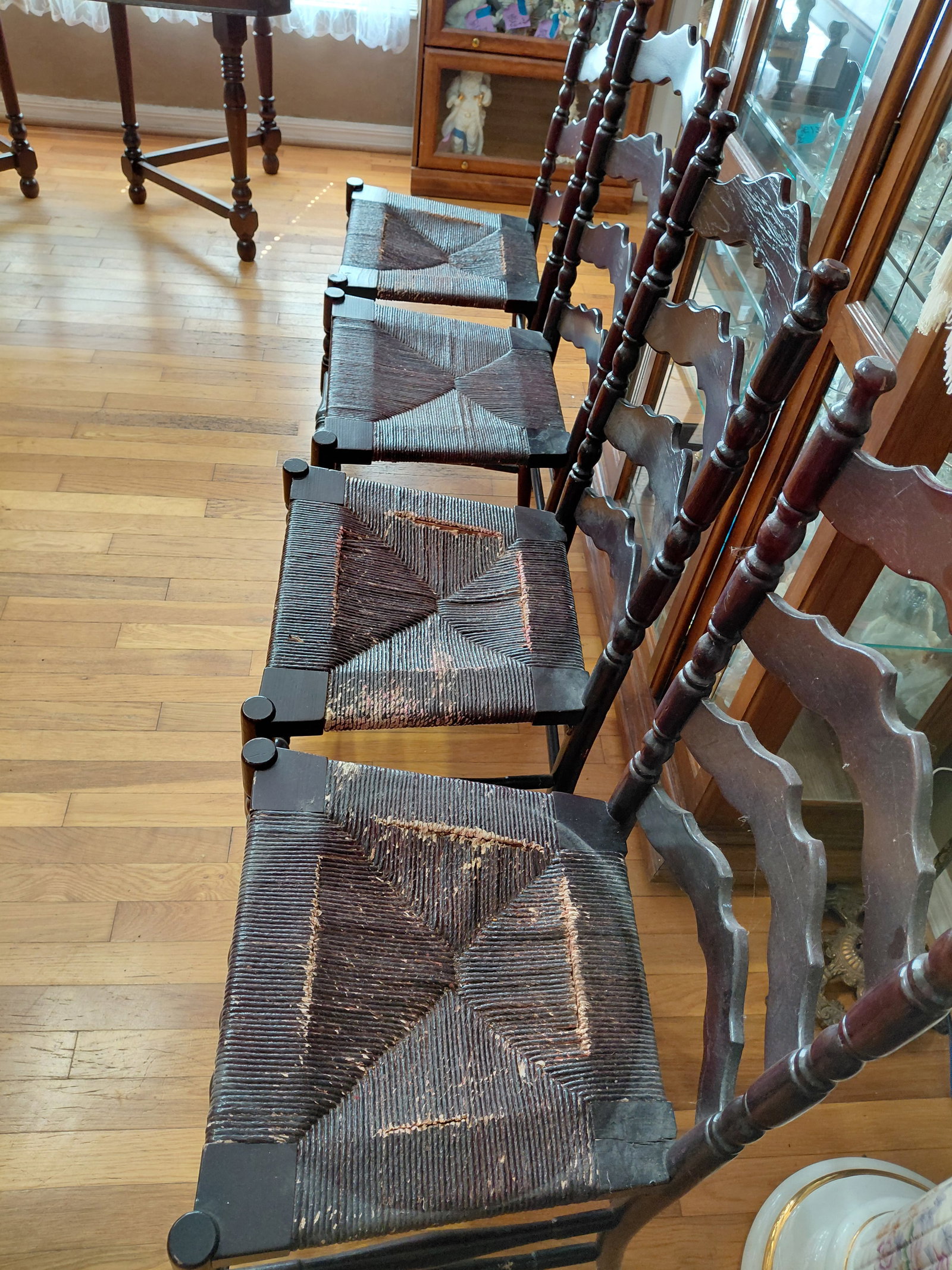 Set of 4 Vintage Ladder Back Chairs with Woven Seats / condition issues as seen - 8