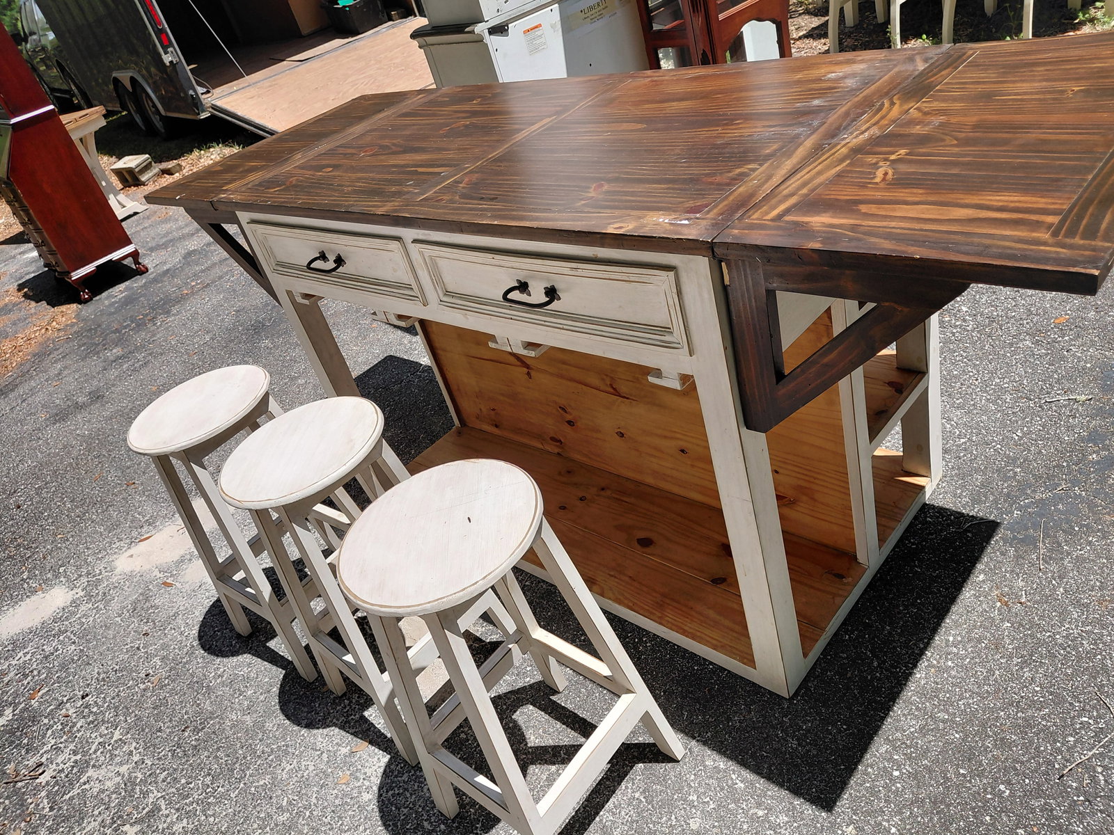 Rustic Kitchen Island with bar stools and drop leaves / condition issue as seen - 2