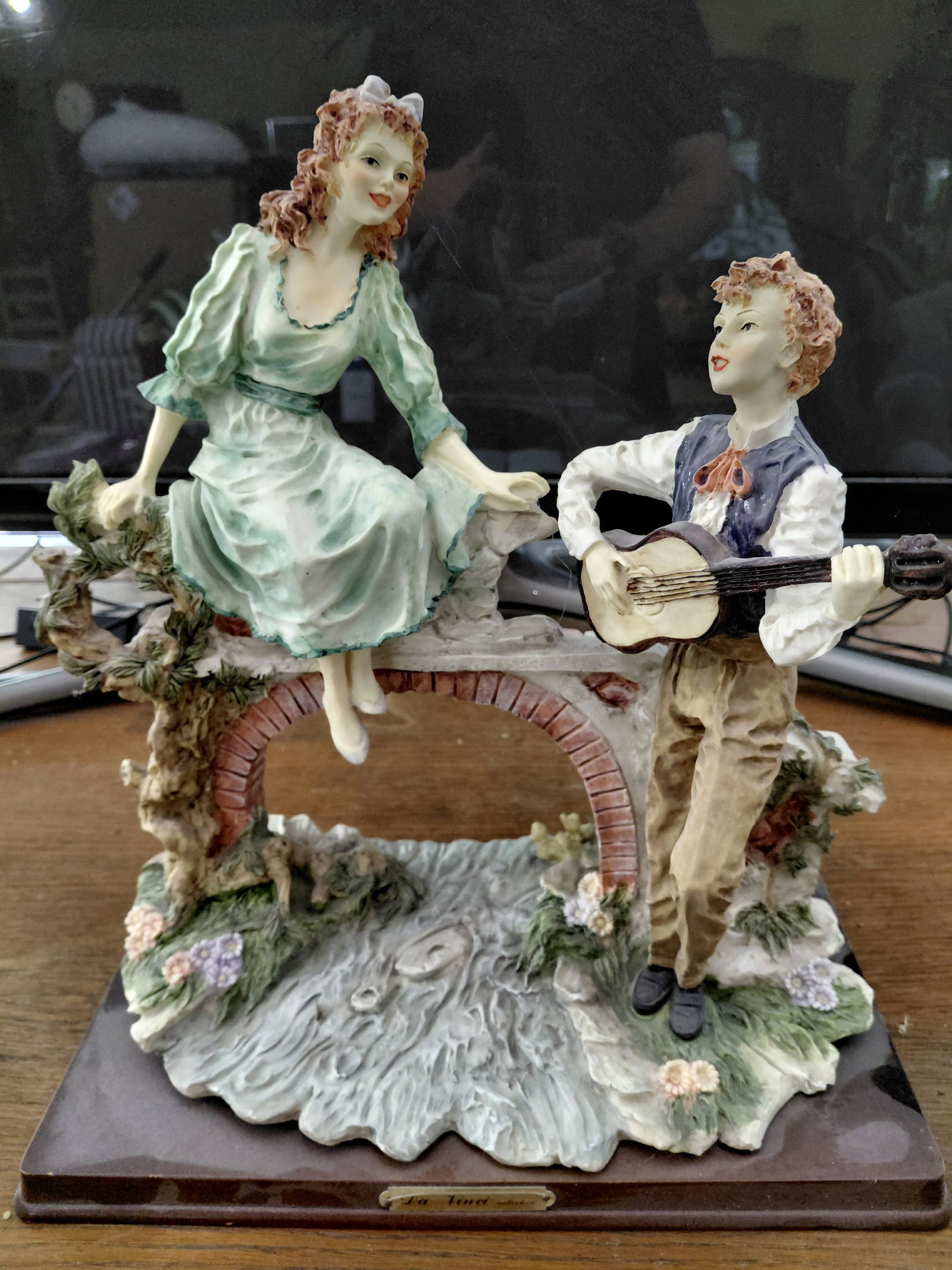 Large Resin Statue on wood base / Girl Being Seranaded: Large Resin Statue on wood base / Girl Being Seranaded