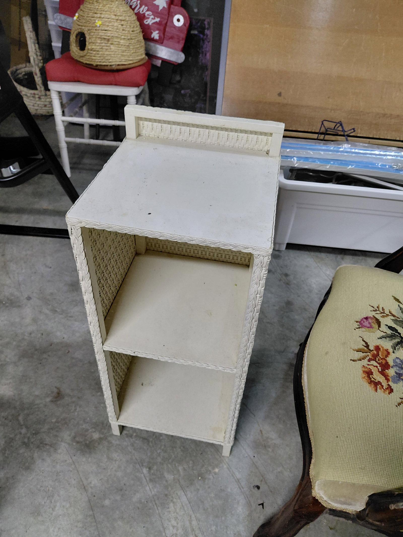 Vintage Wood & Wicker Shelf Table: Vintage Wood & Wicker Shelf Table