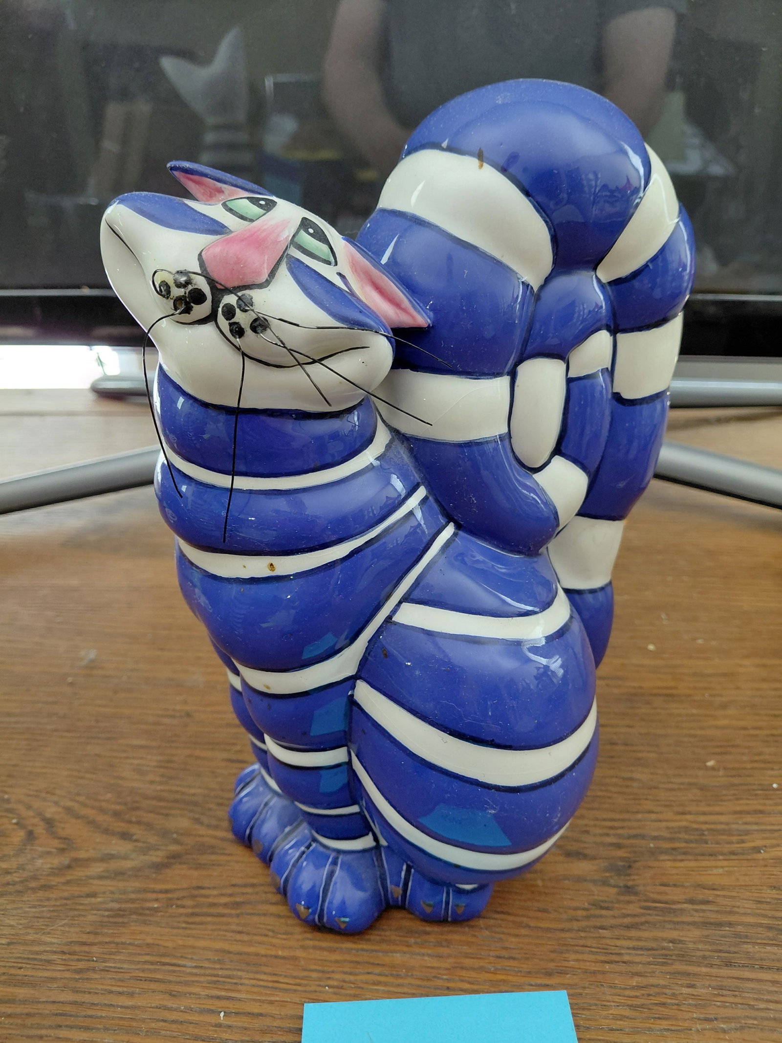 Blue Striped Ceramic Cat Statue: Blue Striped Ceramic Cat Statue