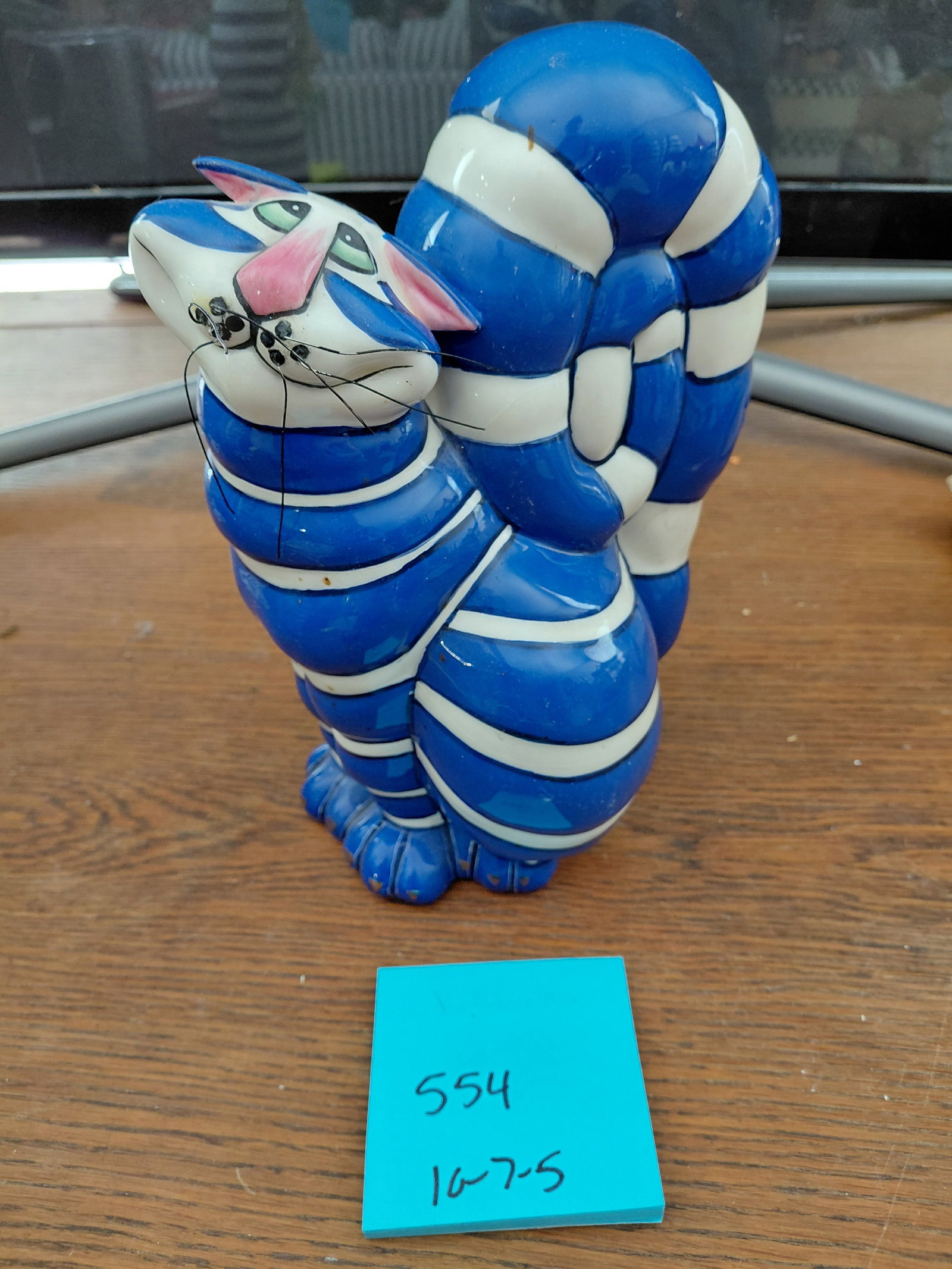 Blue Striped Ceramic Cat Statue - 2