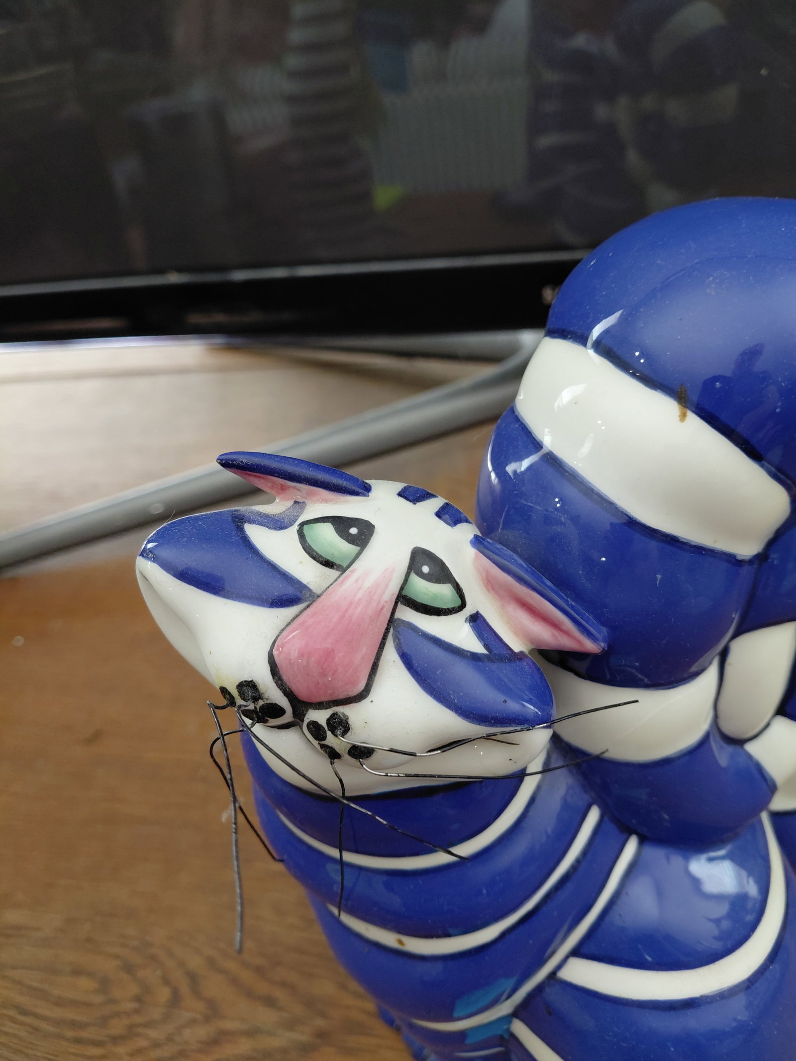 Blue Striped Ceramic Cat Statue - 3