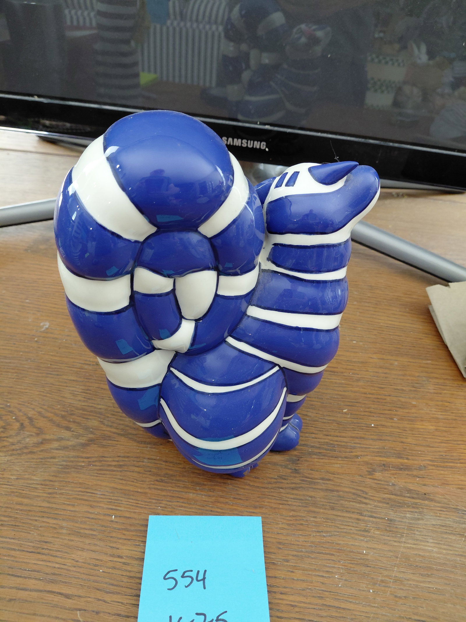 Blue Striped Ceramic Cat Statue - 4