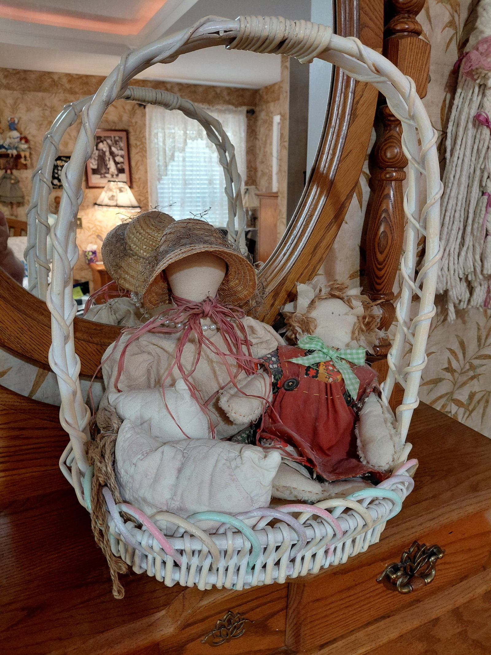 Pair of Cloth Dolls in Large Basket: Pair of Cloth Dolls in Large Basket
