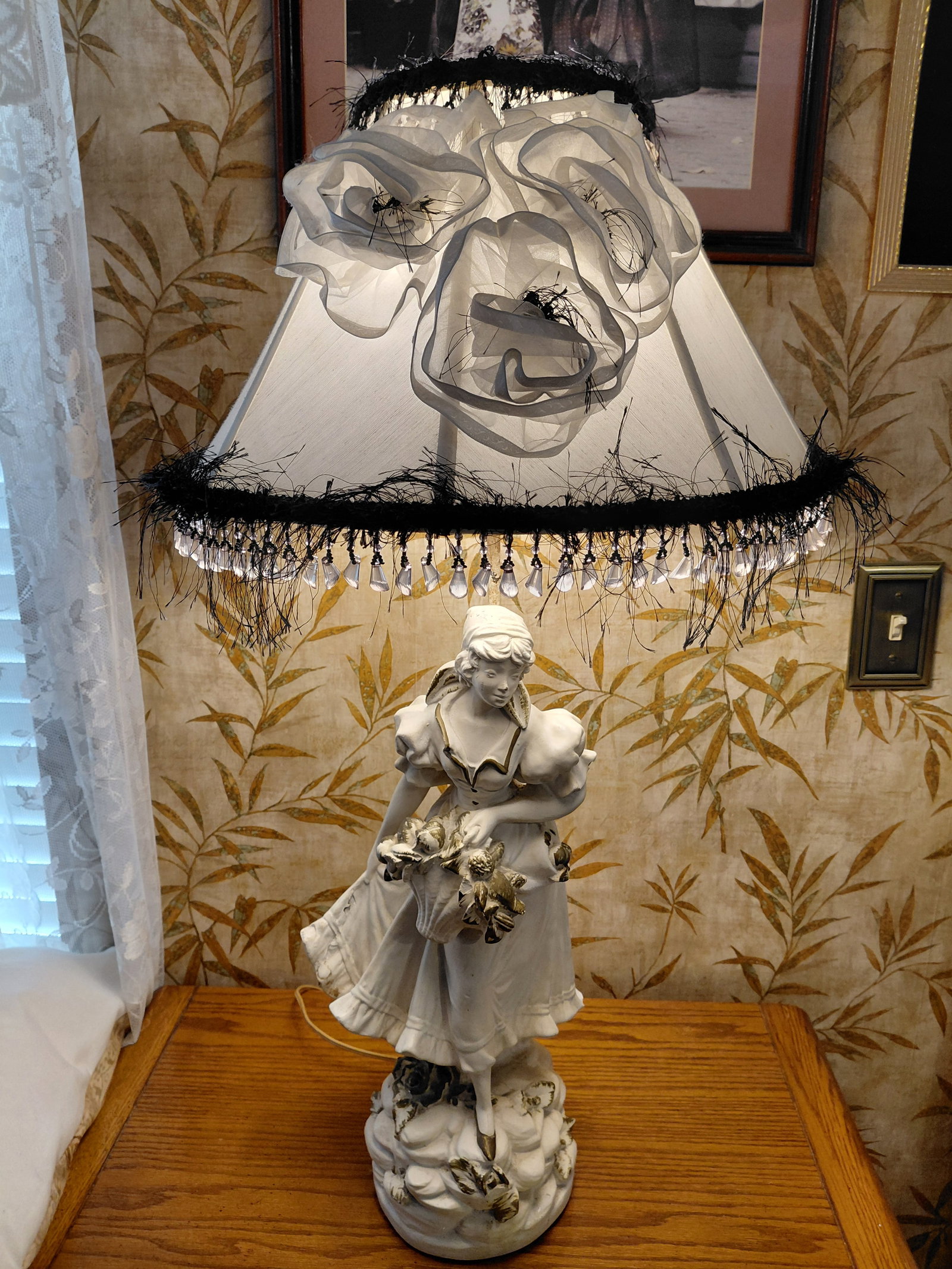 Large Ornate Ceramic Parlor Lamp / Woman with Flowers as seen (1 of 9)