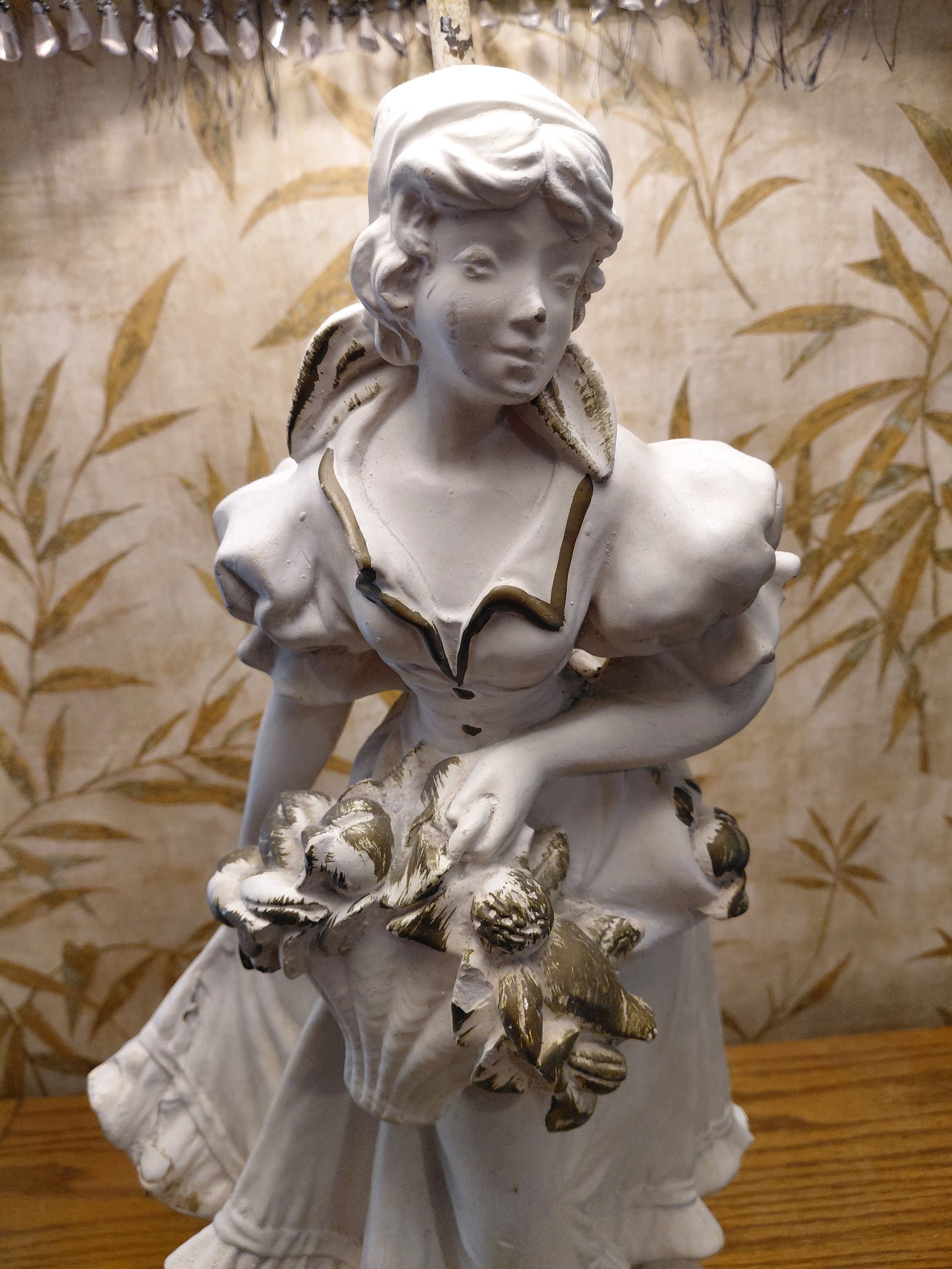 Large Ornate Ceramic Parlor Lamp / Woman with Flowers as seen - 3