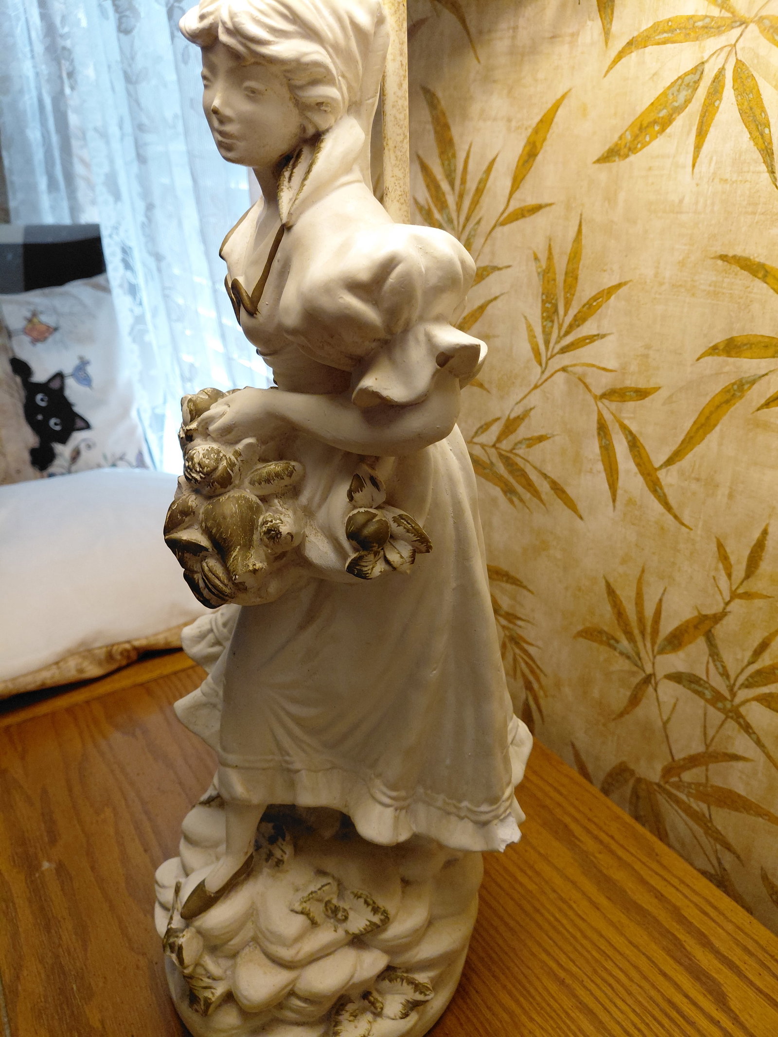 Large Ornate Ceramic Parlor Lamp / Woman with Flowers as seen - 4