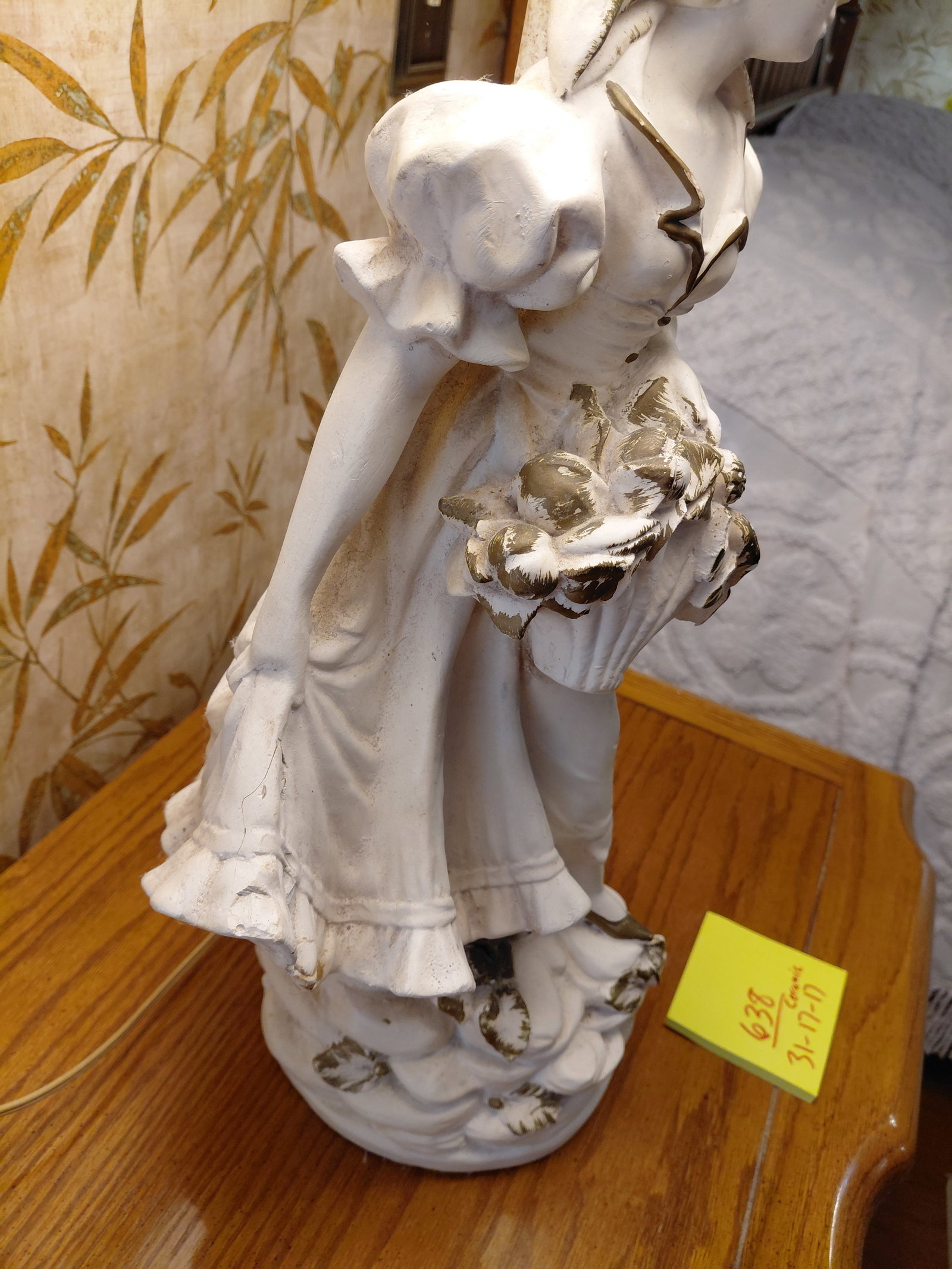 Large Ornate Ceramic Parlor Lamp / Woman with Flowers as seen - 9