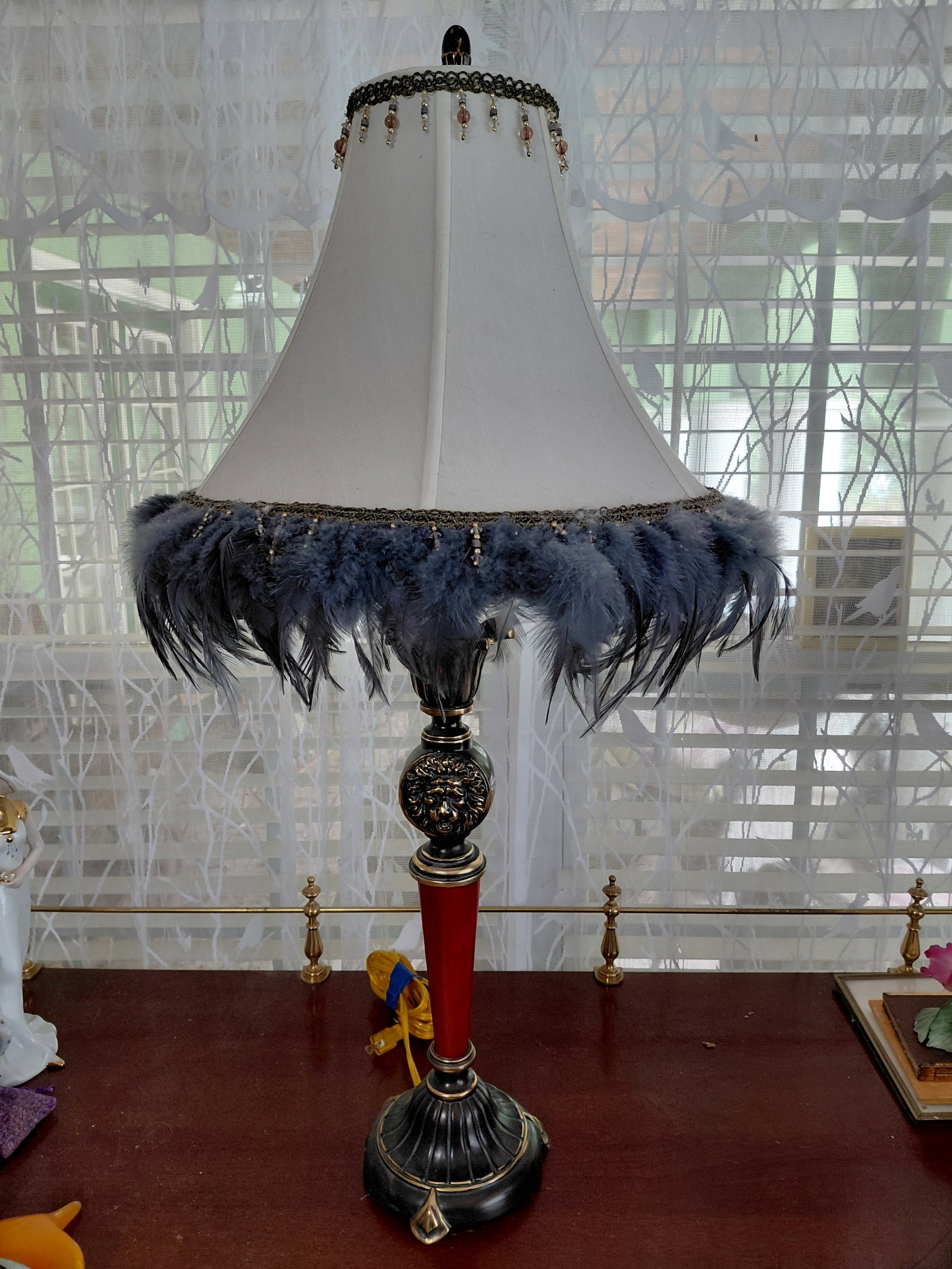 Brass & Wood Parlor Lamp with Feather Trim (1 of 6)