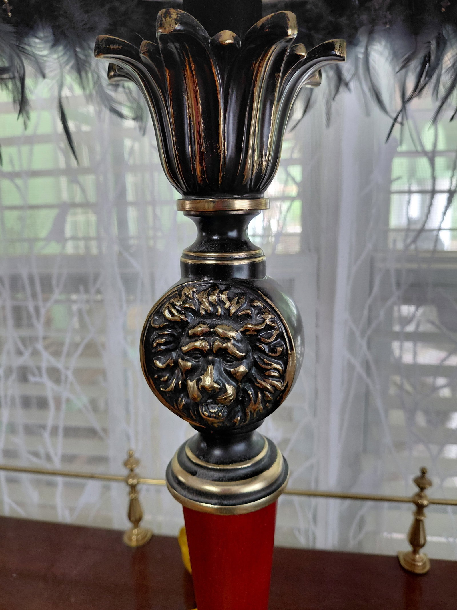 Brass & Wood Parlor Lamp with Feather Trim - 3
