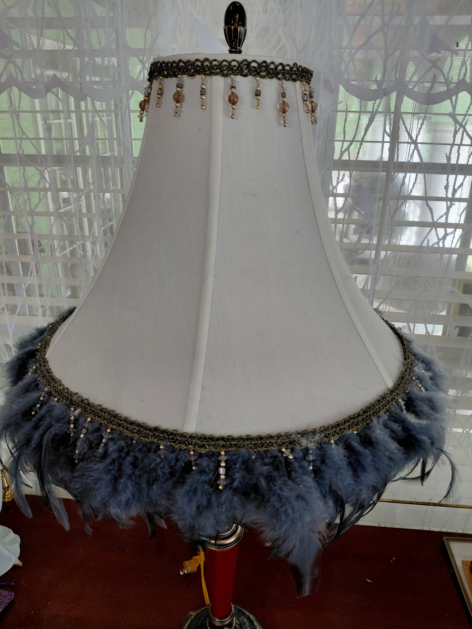 Brass & Wood Parlor Lamp with Feather Trim - 4