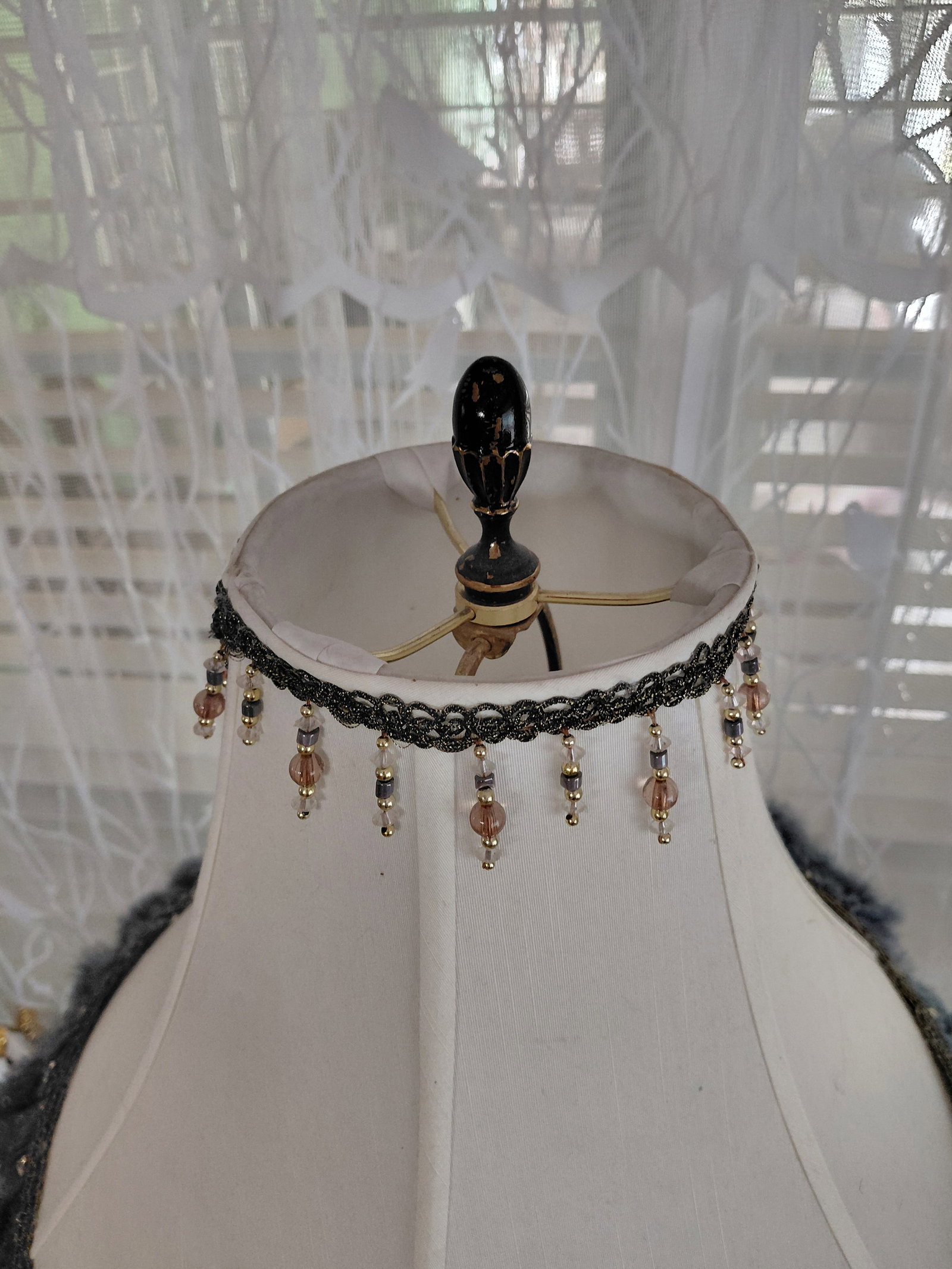 Brass & Wood Parlor Lamp with Feather Trim - 5