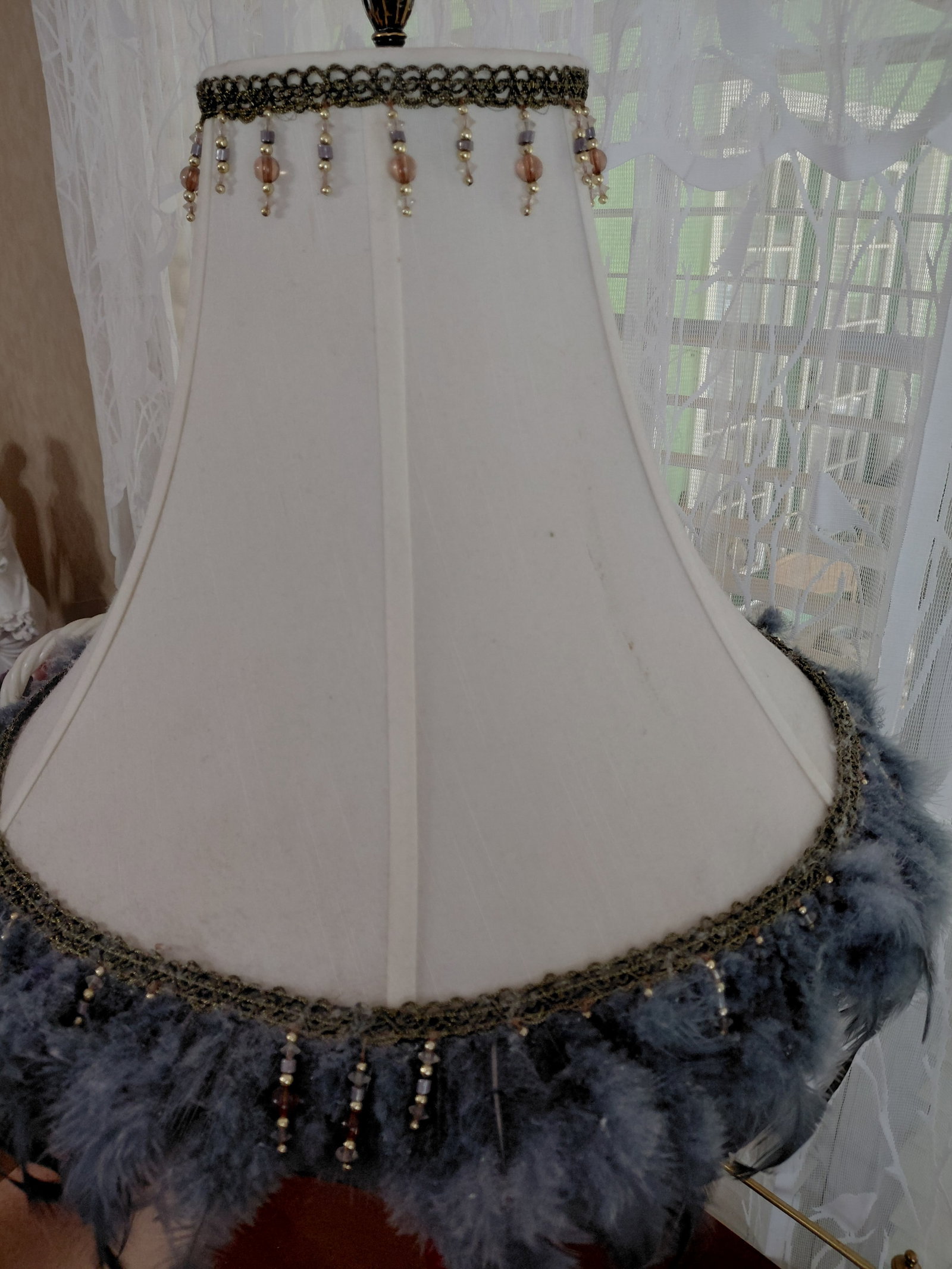 Brass & Wood Parlor Lamp with Feather Trim - 6