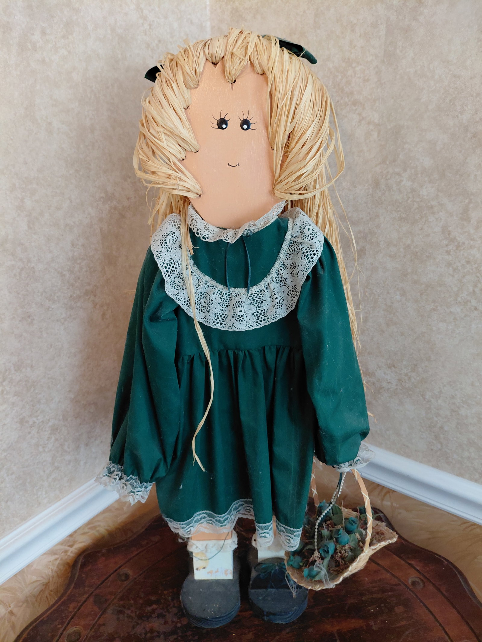 Large Wood Statue of Girl in Green Dress (1 of 5)
